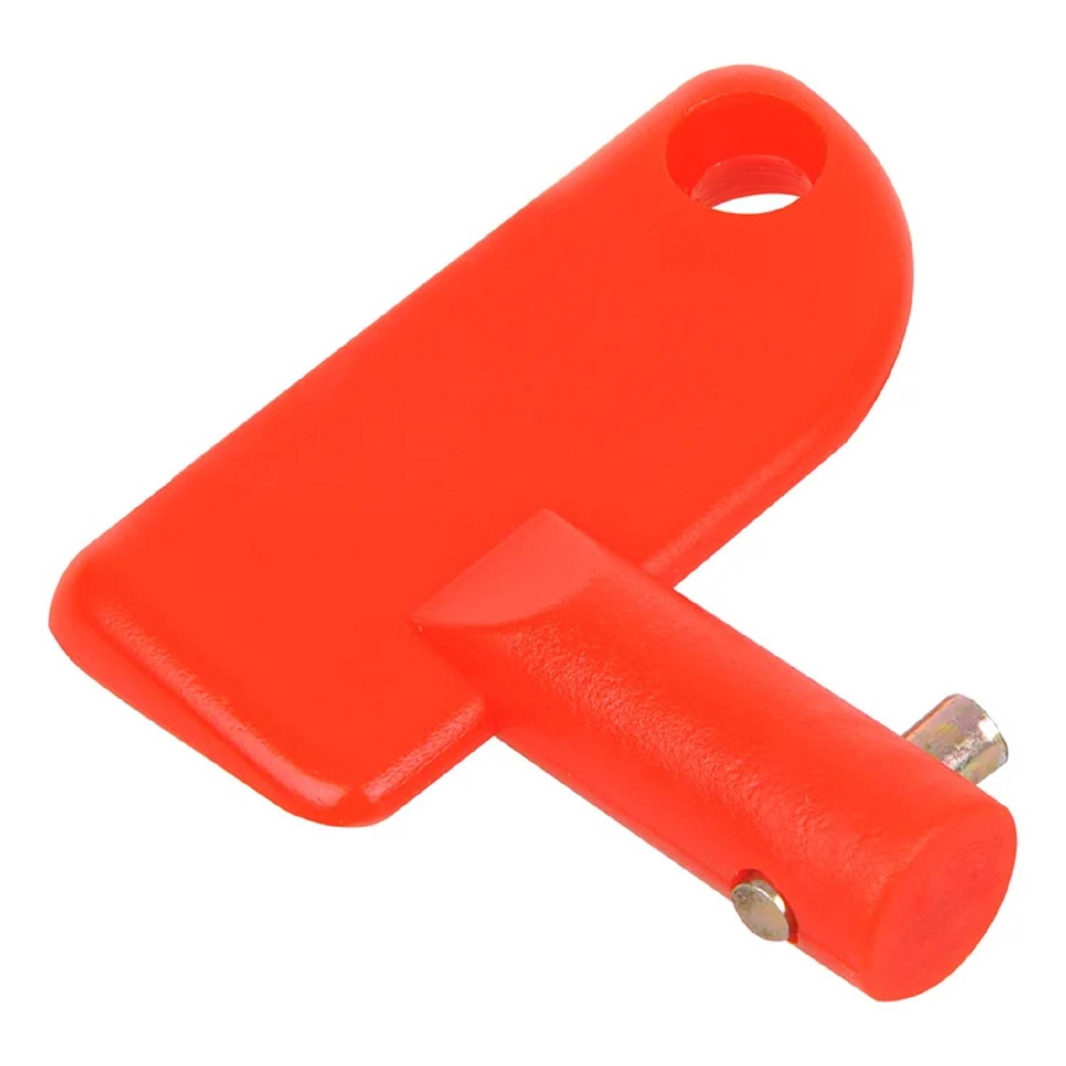 Ein hellroter Plastikschlüssel mit einem Loch an der Oberseite und einem zylindrischen Metallstift an der Unterseite, wahrscheinlich für Maschinen oder Batterieabschaltung verwendet.