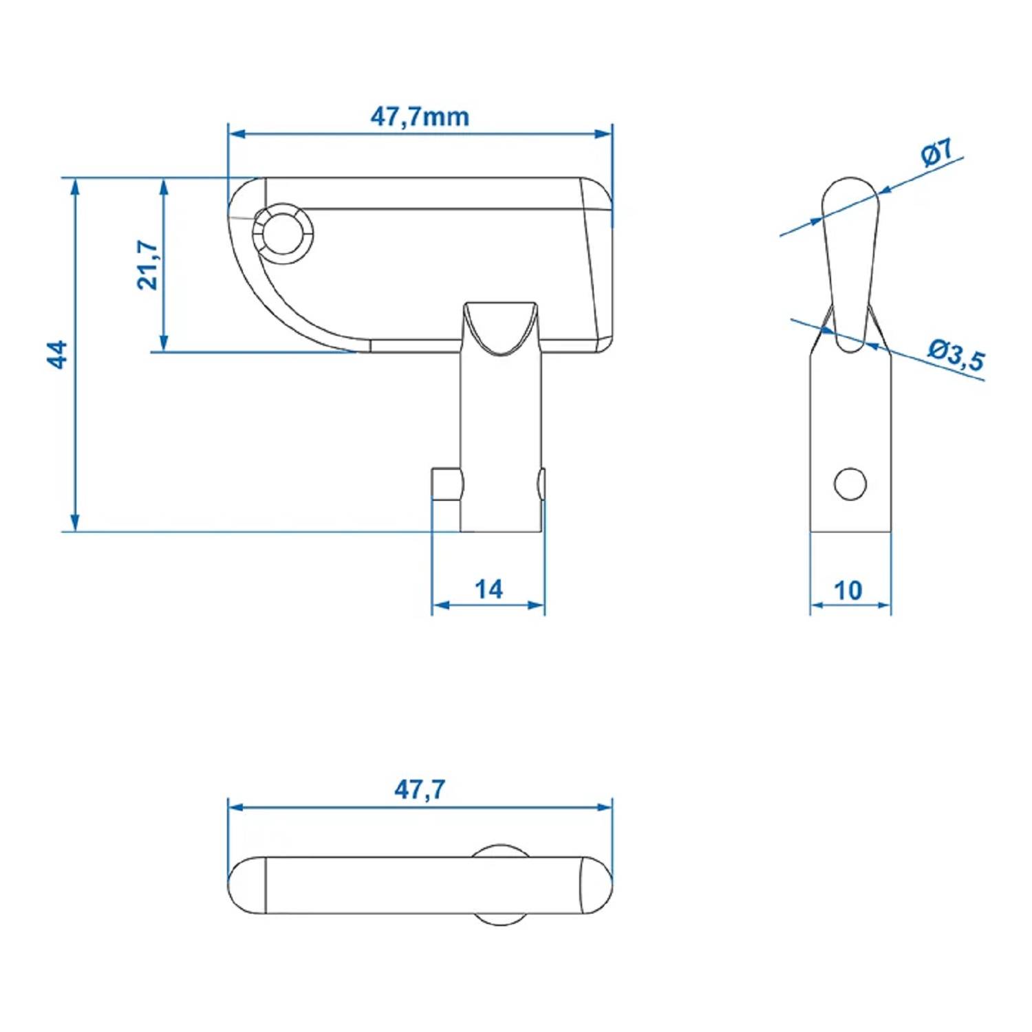 Technische Konstruktionszeichnung einer kleinen Hebels, mit Front-, Seiten- und Draufsicht, Dimensionen in Millimetern, mit Hervorhebung des funktionalen Designs.