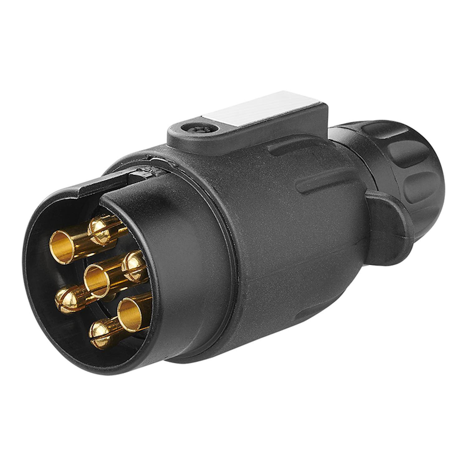 Ein schwarzer und goldener 7-poliger Anhängerstecker-Verbinder mit einer zylindrischen Form, der Stifte für elektrische Anschlüsse aufweist und in der Fahrzeugverkabelung verwendet wird.