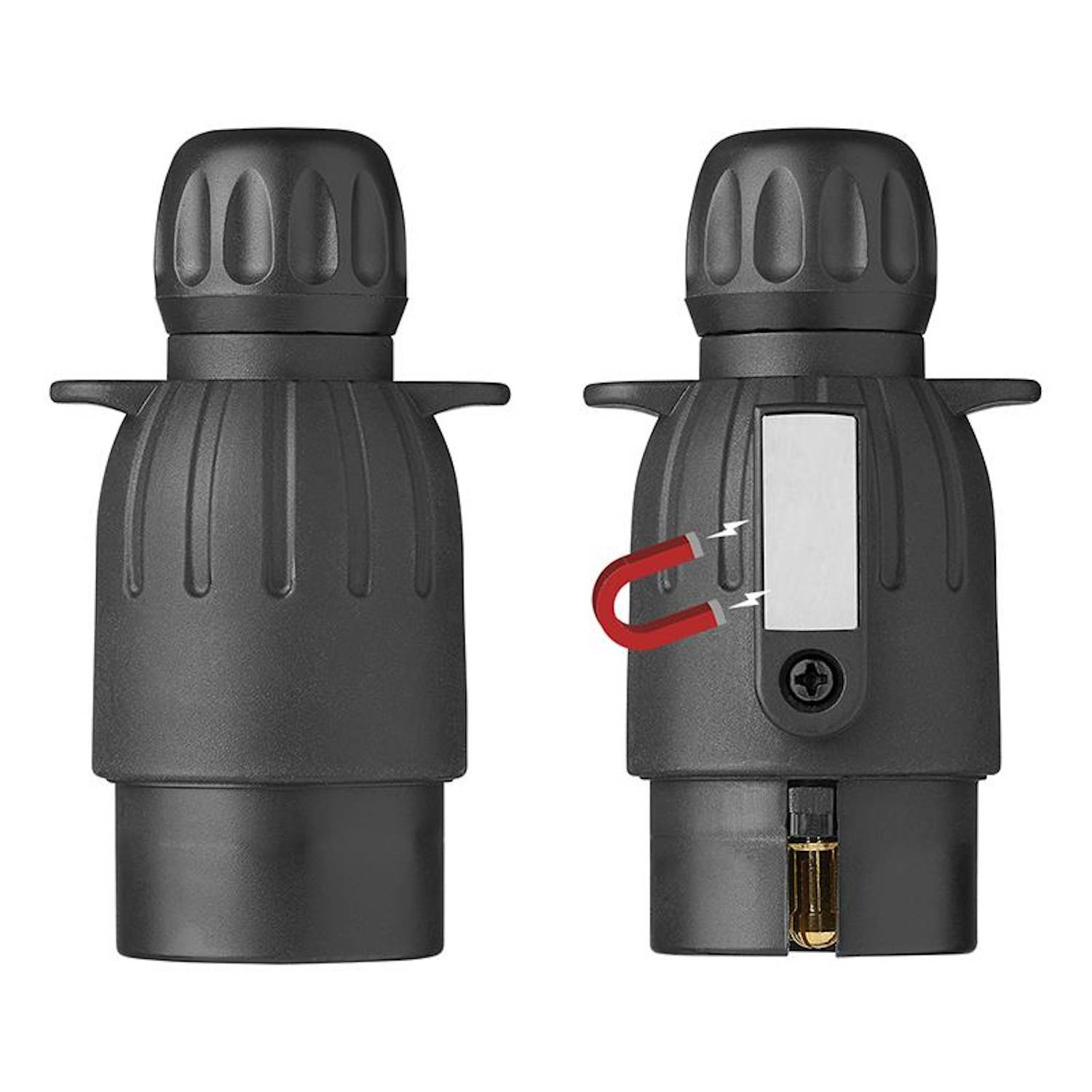 Zwei schwarze Strahlregler-Aufsätze, einer davon zeigt einen Magneten, der an seiner Seite befestigt ist, was auf eine magnetische Funktion für einfache Handhabung hinweist.