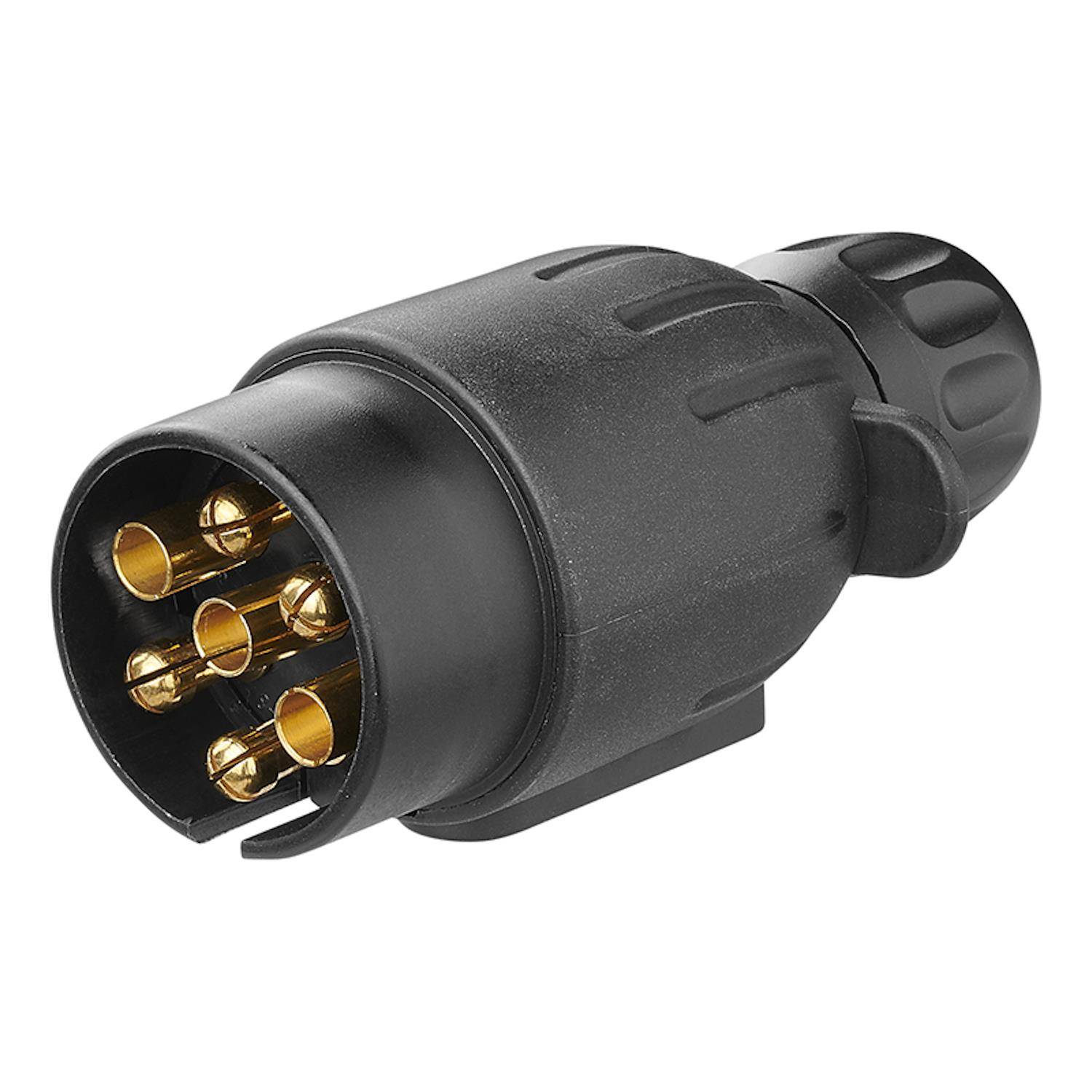Schwarzer elektrischer Anschluss mit sieben goldfarbenen Stiften, verwendet zum Anschluss von Anhängern an Fahrzeuge.