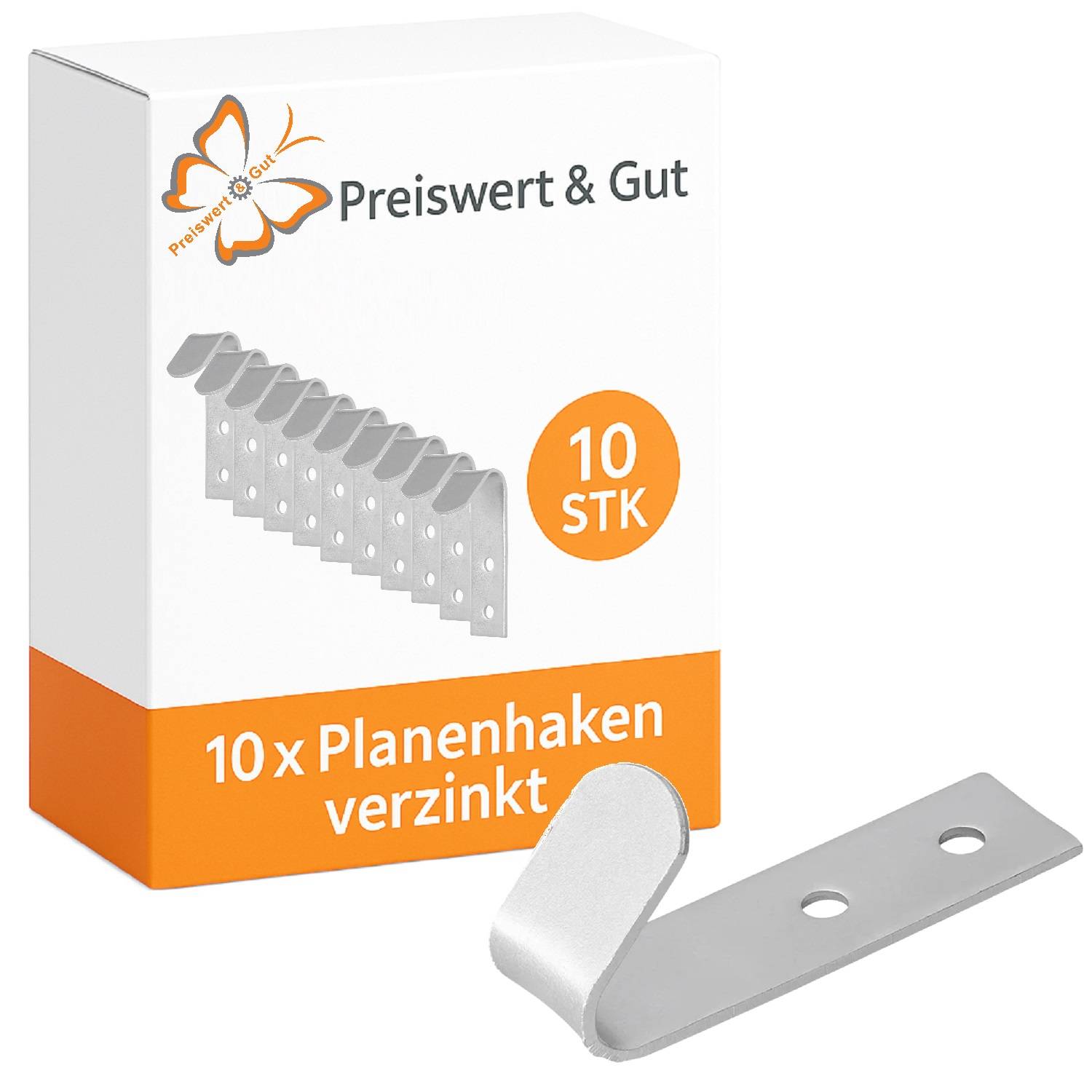 Karton mit Aufschrift '10 x Planenhaken verzinkt' mit einem Bild von zehn Metallhaken und einem zusätzlichen Haken separat daneben.
