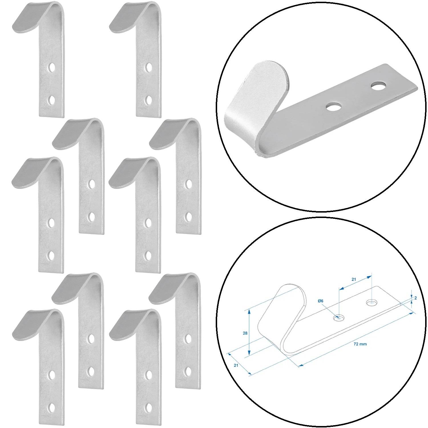 Zehn metallene L-förmige Halterungen werden mit Befestigungslöchern präsentiert; oben rechts ist eine Nahaufnahme zu sehen, unten rechts befindet sich eine technische Zeichnung mit Maßangaben.