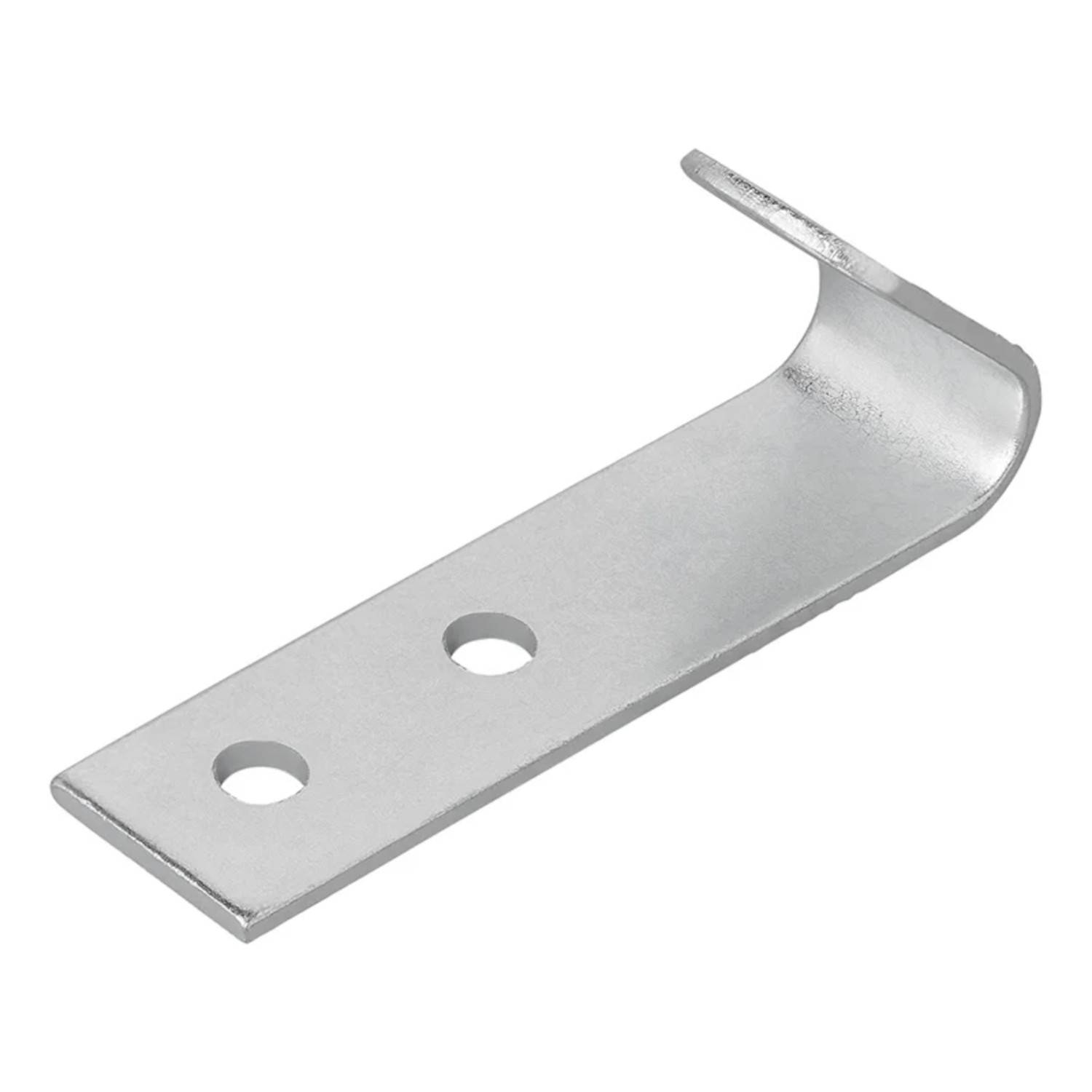 Eine Metalllasche mit zwei Löchern und einer rechtwinkligen Biegung, die zum Befestigen oder Montieren von Gegenständen verwendet wird.