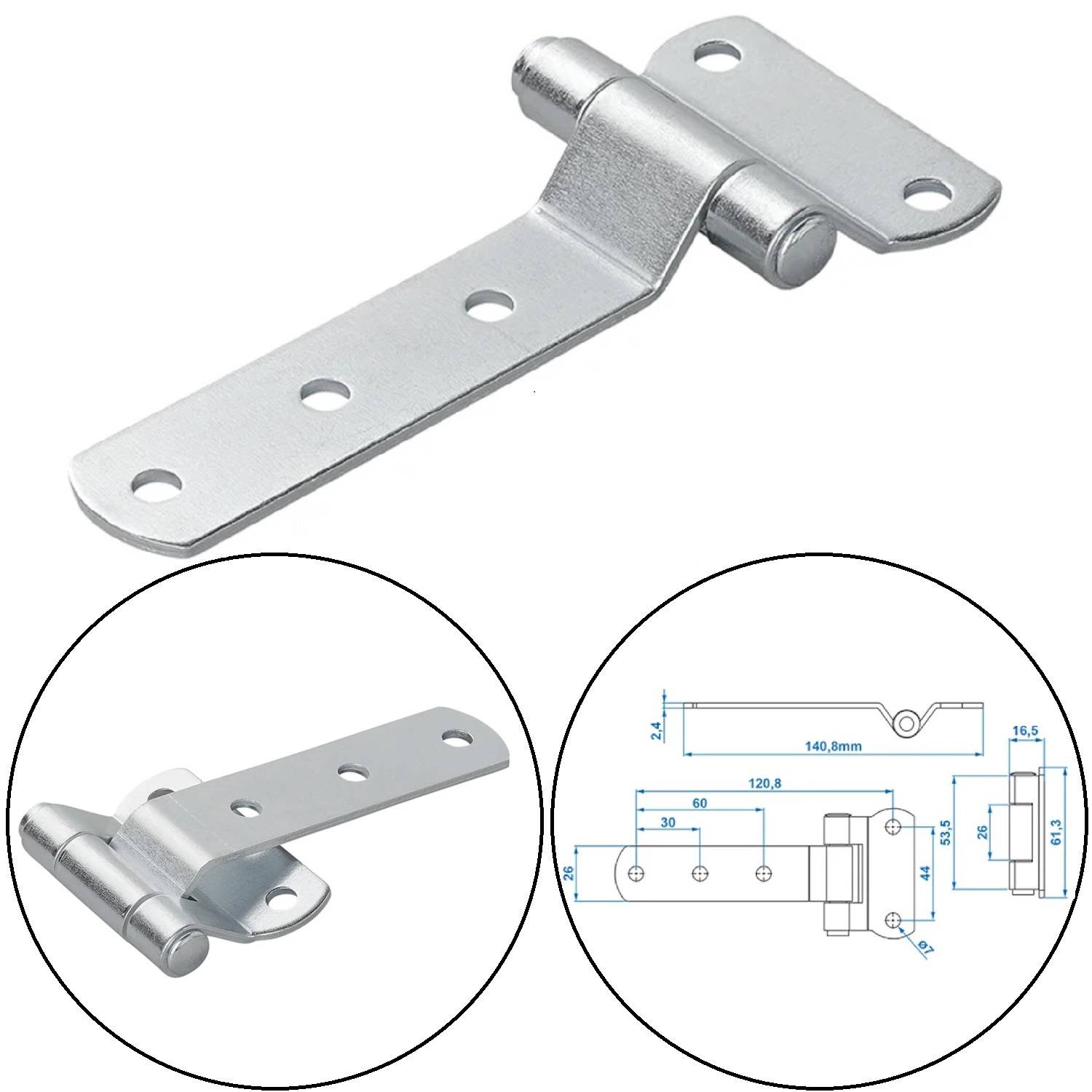 Eine Metallscharniere mit mehreren Löchern und abgerundeten Kanten ist abgebildet. Darunter befinden sich zwei Diagramme, die ihre Abmessungen, Winkel und Schraubenplatzierungen detailliert darstellen.