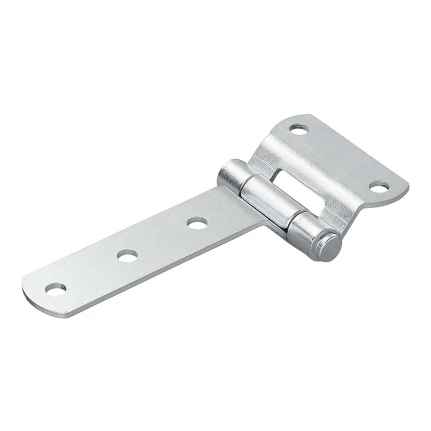 Silberne Metallscharniere mit drei Löchern auf jeder Platte, entwickelt zum Verbinden von zwei Oberflächen, typischerweise für Türen oder Tore.