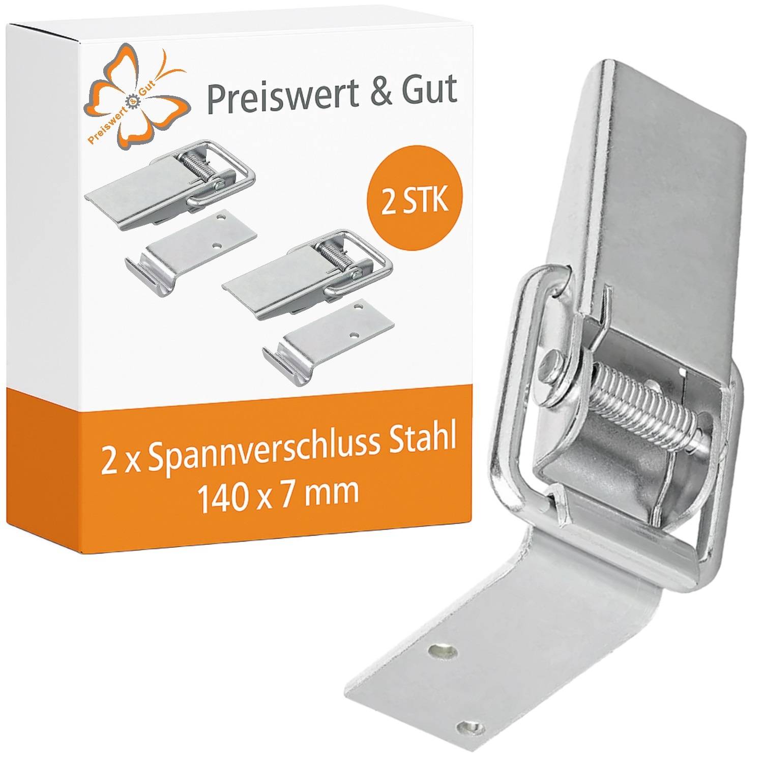 Metallkippverschluss-Set mit Box. Beinhaltet zwei 140 x 7 mm Stahlriegel, geöffnet dargestellt. Box mit Beschriftung 