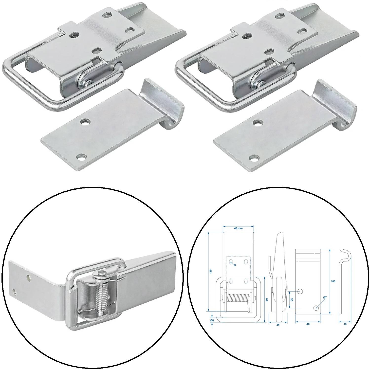 Riegel und Verschlüsse mit zwei Befestigern und Haken, in Metall dargestellt. Eine technische Zeichnung zeigt die Abmessungen aus verschiedenen Winkeln.