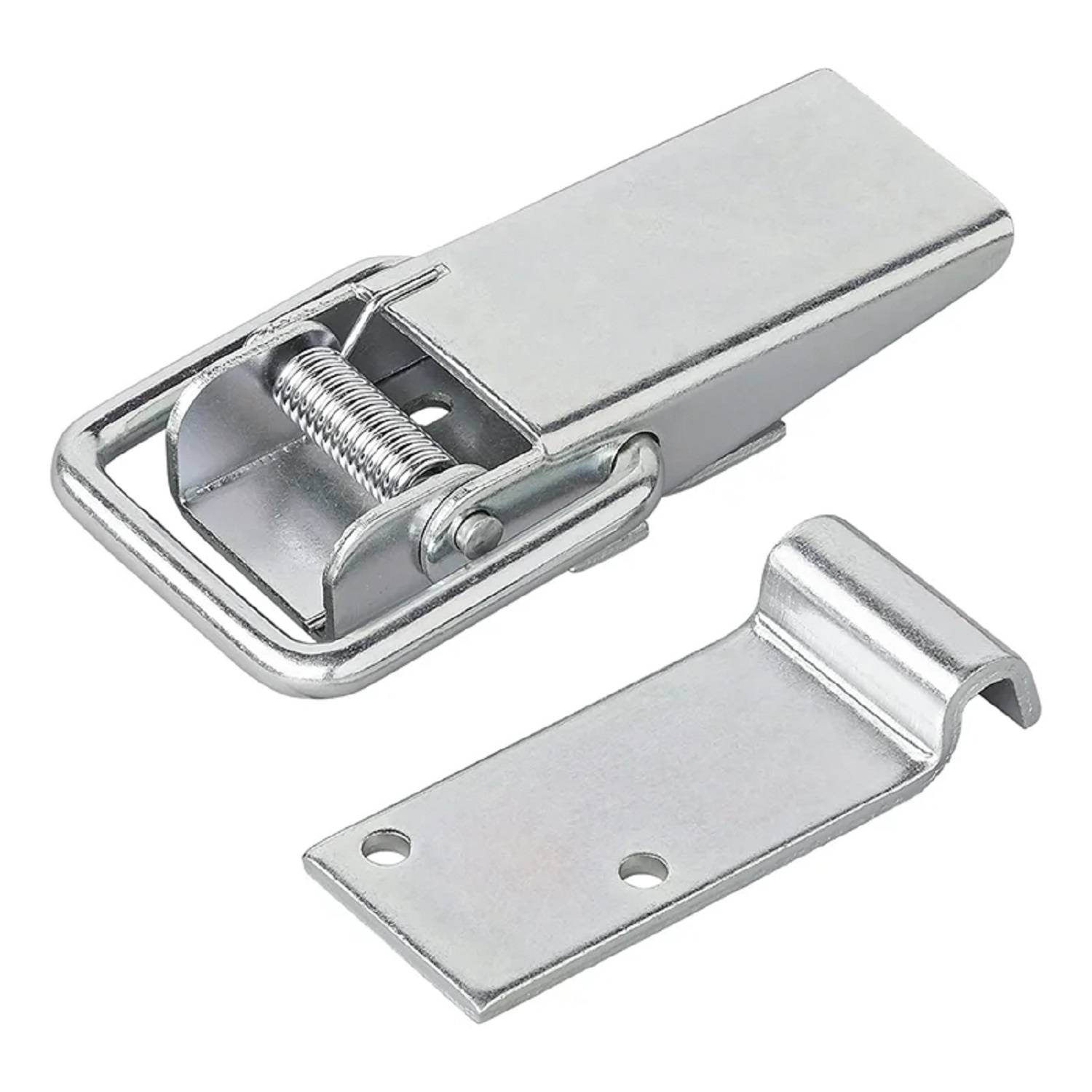 Eine Metallklinke mit Federmechanismus und separater Befestigungsplatte, die zum Sichern von Verschlüssen oder Paneelen in industriellen Anwendungen verwendet wird.