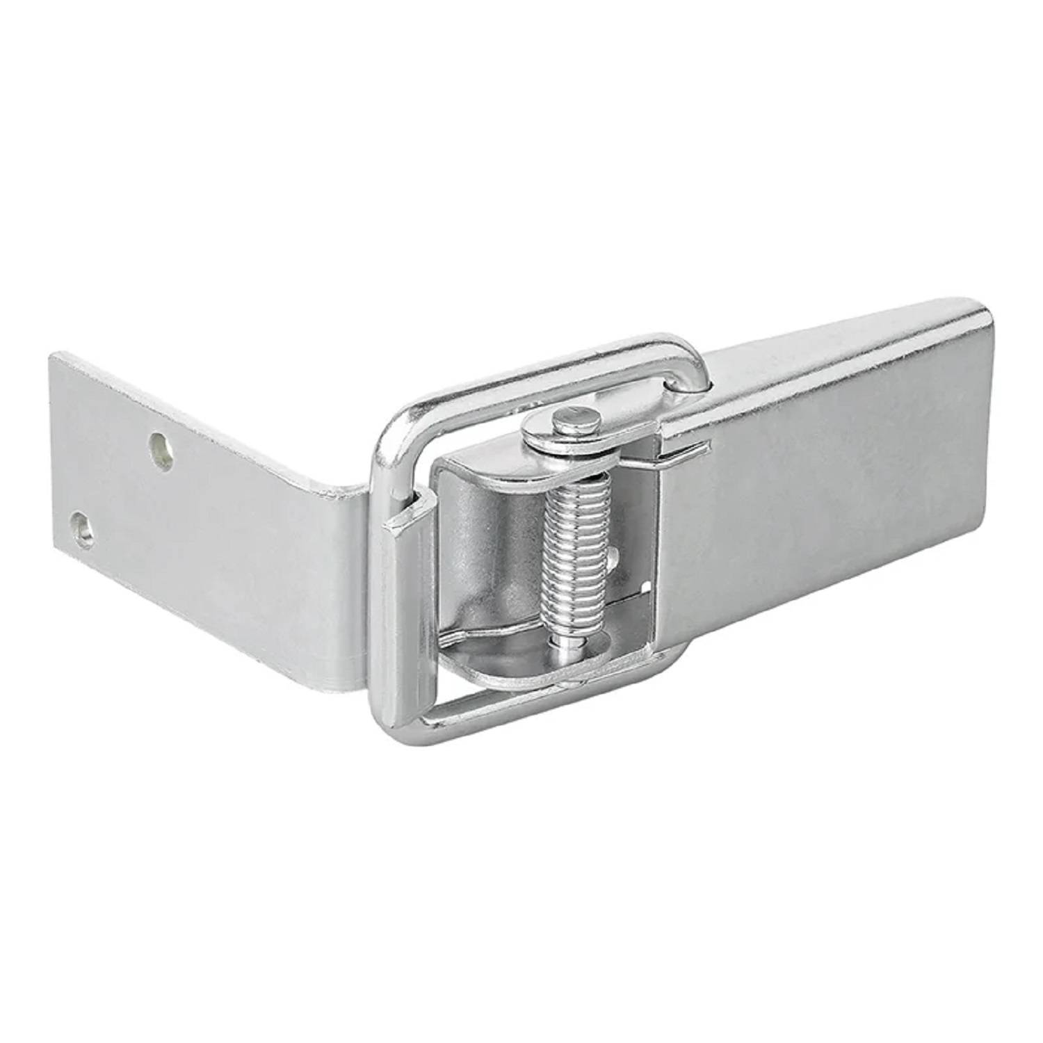 Eine Silber-Metalltür- oder Schrankangel mit Federmechanismus, die aus einem Winkel gezeigt wird, um ihre Verbindungsstellen und Konstruktion zu betonen.