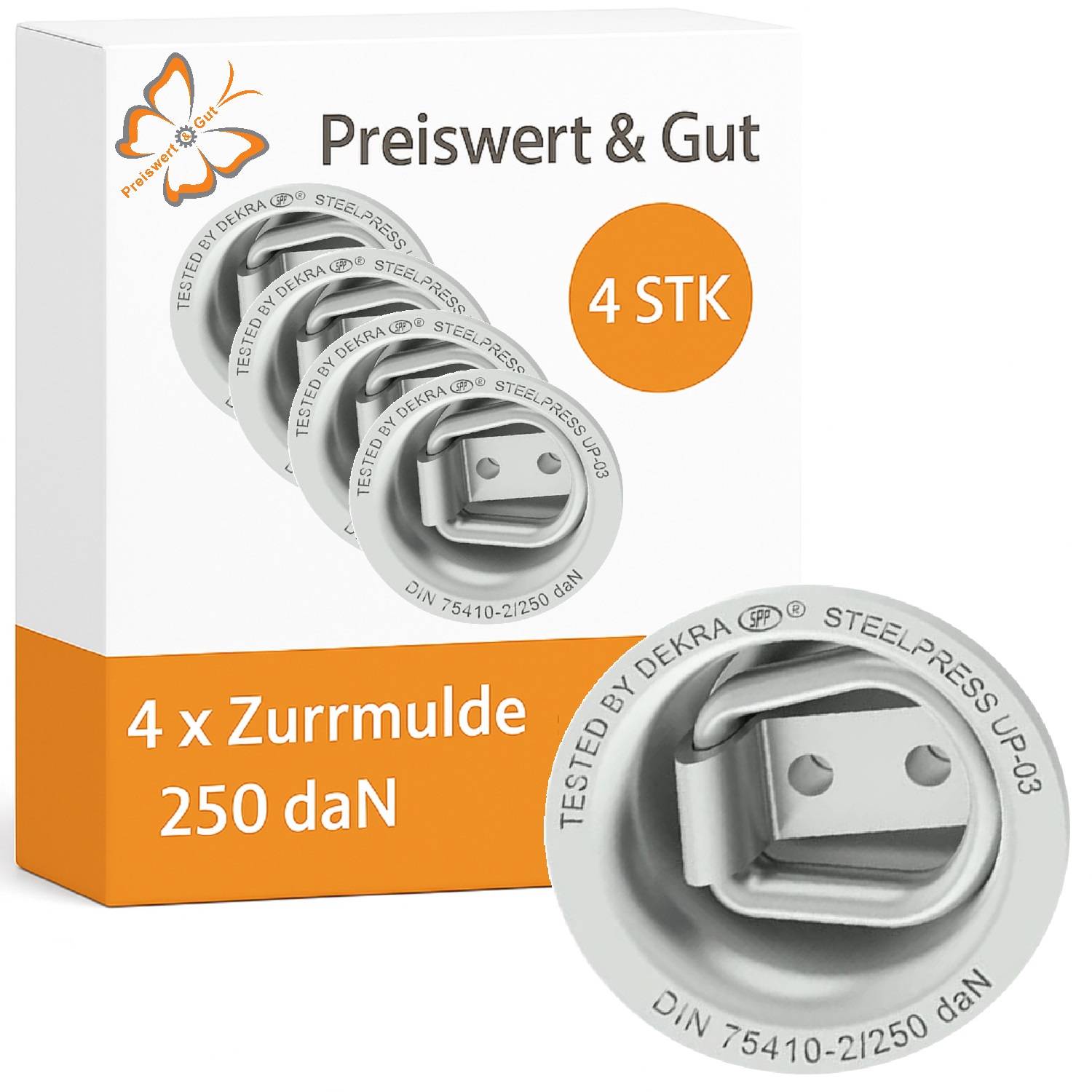 Preiswert & Gut' Markenbox mit vier runden, silbernen Metallzurrmuldenteilen, jeweils von DEKRA getestet, 250 daN.