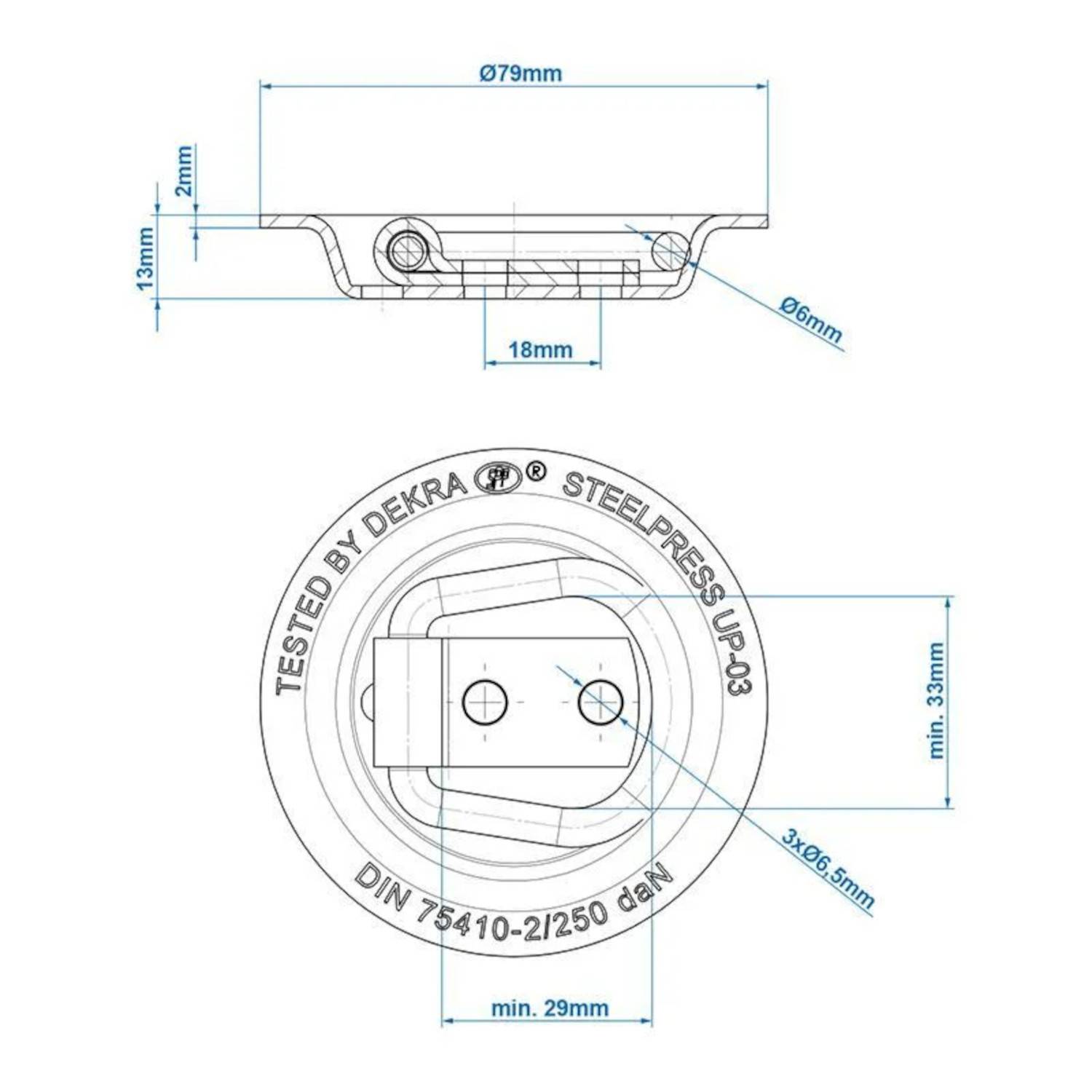 Ein technisches Diagramm zeigt eine kreisförmige Stahlkomponente mit der Bezeichnung 'STEELPRESS JP-03'. Die Abmessungen umfassen einen Außendurchmesser von 79 mm und eine Tiefe von 13 mm. Verifiziert durch DEKRA.