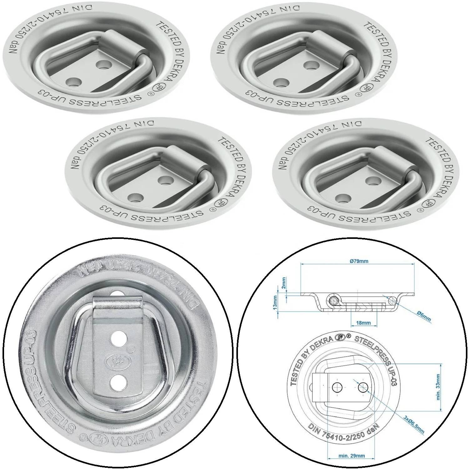 Vier kreisförmige D-Ring-Befestigungsösen mit Maßangaben und Spezifikationen zur sicheren Ladungssicherung. Enthält eine Nahaufnahme und ein detailliertes Diagramm mit Abmessungen und Tragfähigkeit.