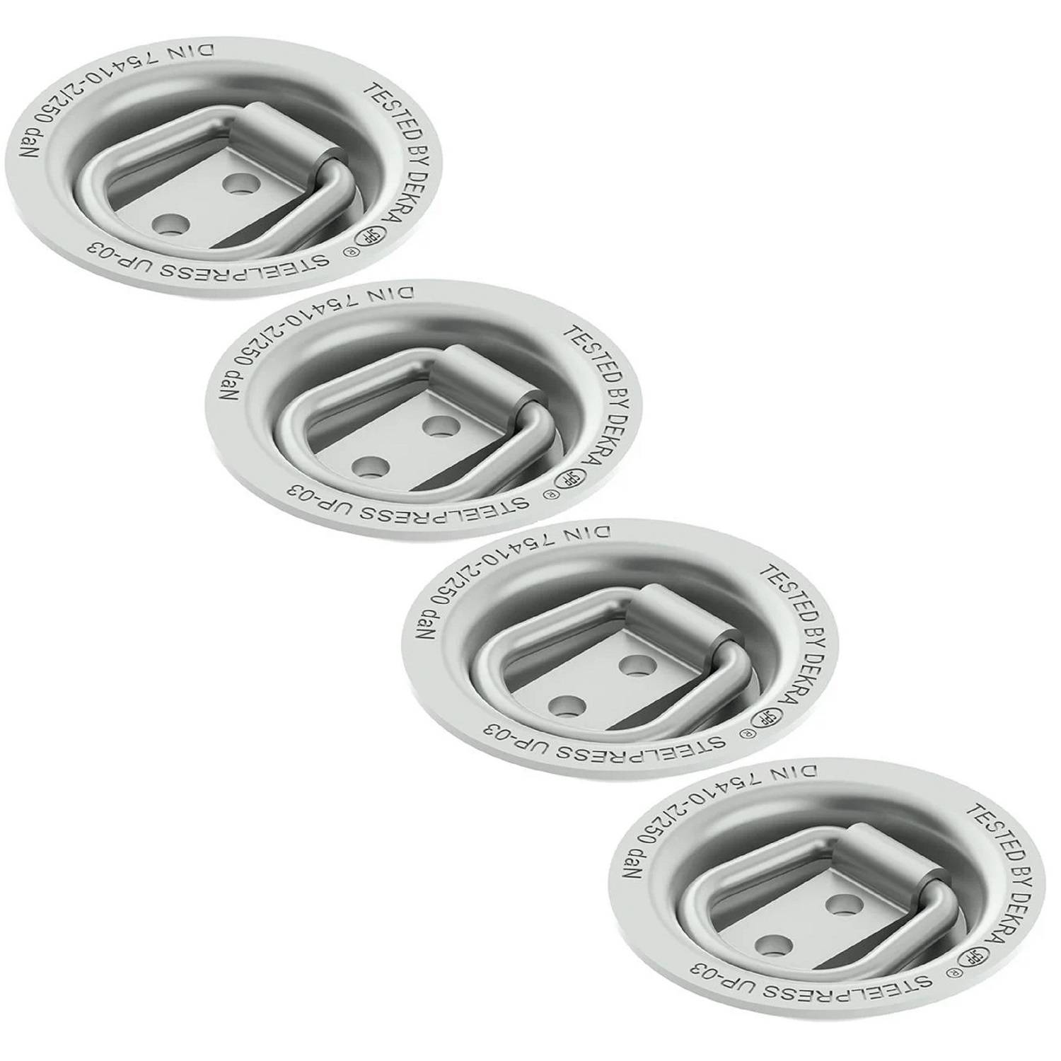 Vier runde Stahlbefestigungsösen im D-Ring-Stil, gekennzeichnet mit 