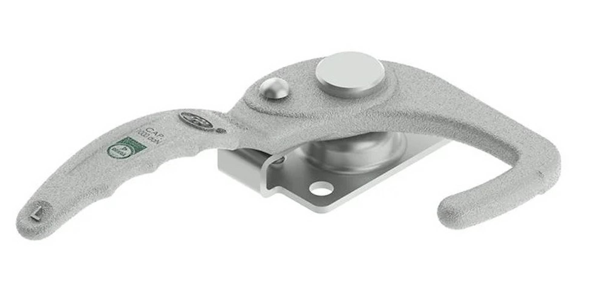 Eine Nahaufnahme eines Metallriegelungsmechanismus mit einem gebogenen Hebel, einem kreisförmigen Knauf und einer Metallbasis mit Befestigungslöchern zur Installation.