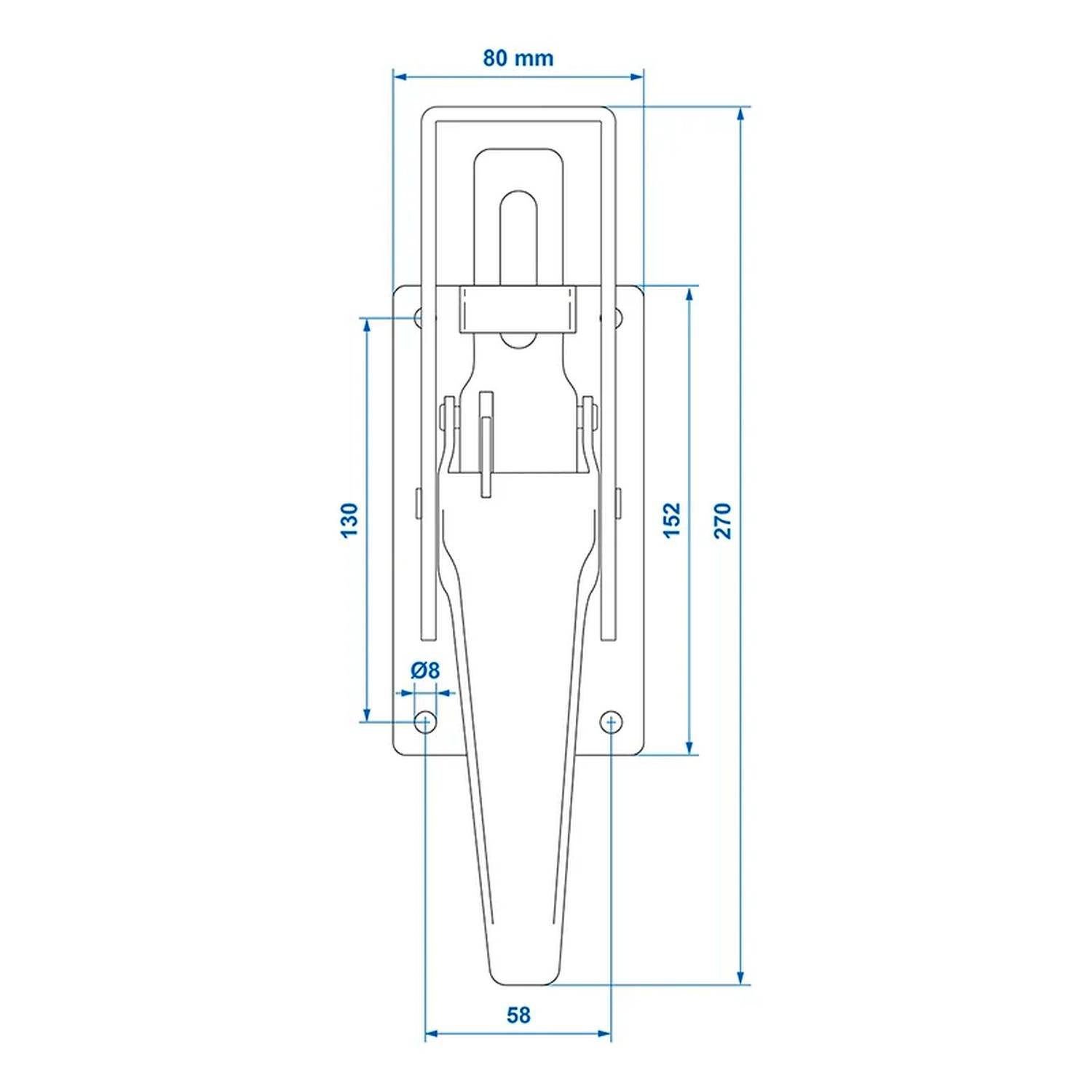Technische Zeichnung einer Wandhalterung mit Abmessungen: 80 mm Breite, 270 mm Höhe, 130 mm Mittellänge und 58 mm Bodenbreite.