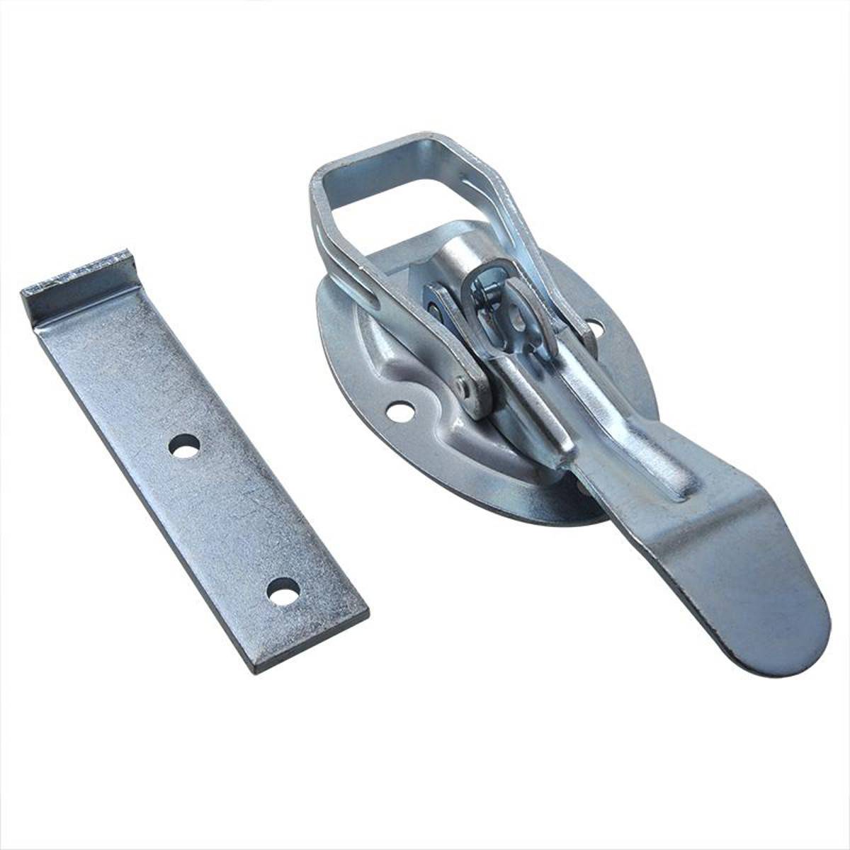 Kipphebel mit Grundplatte: Metallkonstruktion mit einem gelenkartigen Verschlussmechanismus und zwei Befestigungslöchern für eine sichere Montage.