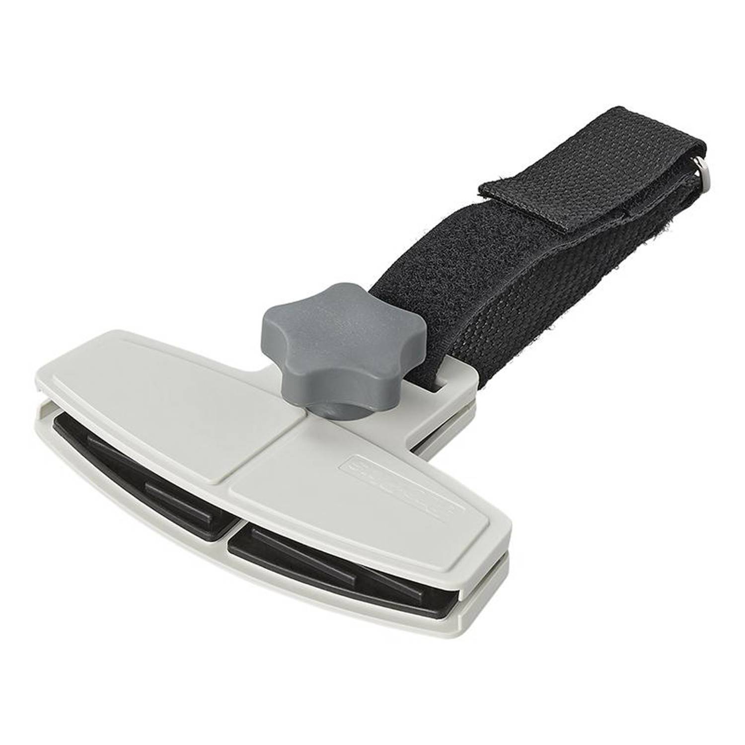 Eine Schärfhilfe mit einem verstellbaren Spannbacken und Riemen, verwendet zum Schärfen von Meißeln und Klingen, mit einem grauen Knopf zur Feinjustierung.