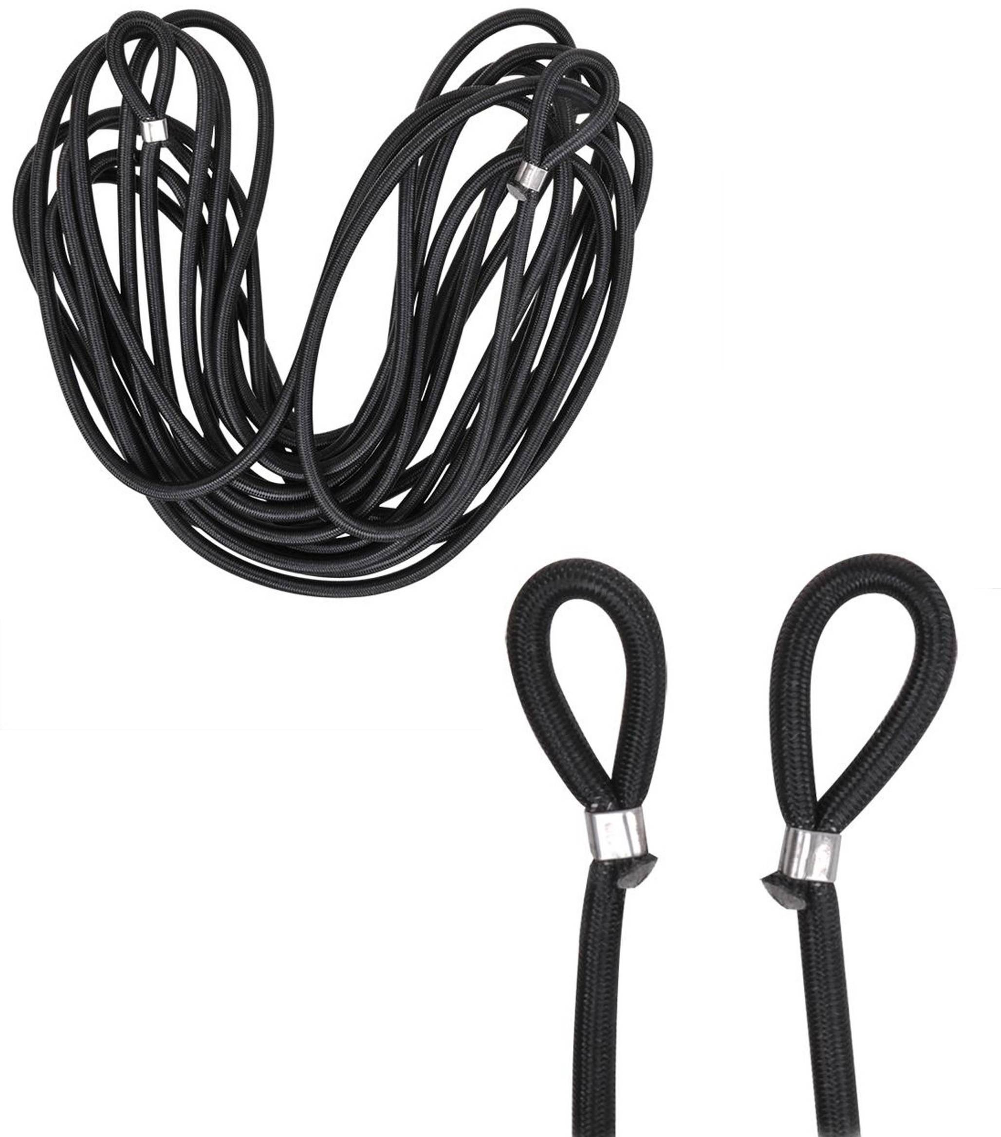 Schwarzes Spanngummi mit Metallhaken, aufgewickelt und mit Schlaufen an den Enden, zum Befestigen von Gegenständen.