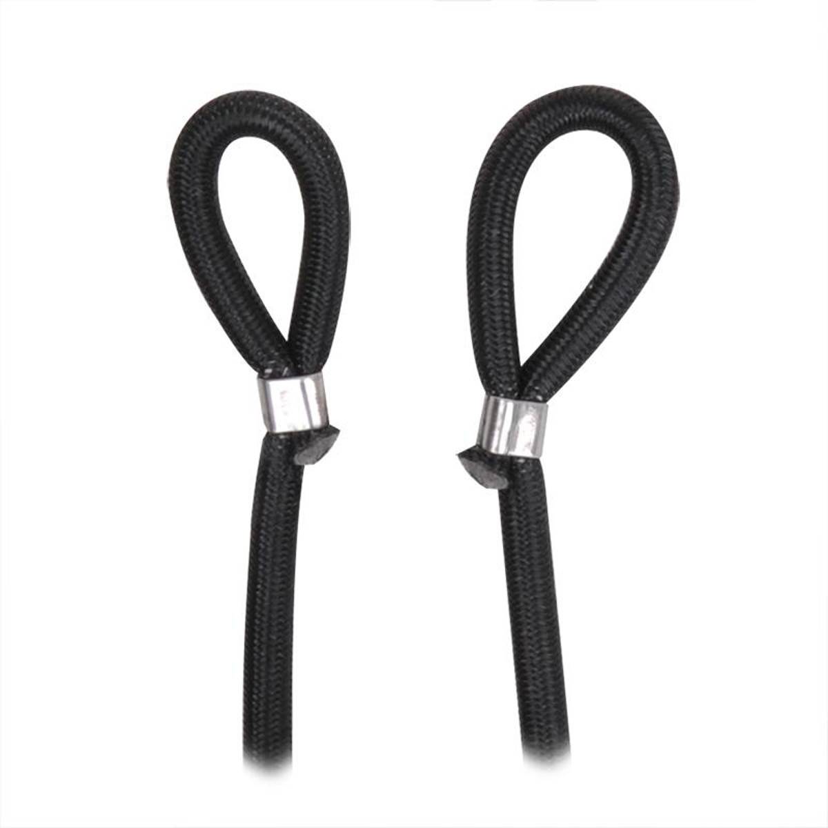 Zwei schwarze elastische Schlaufen mit Metallfassungen, aufrecht stehend, die verschiedene Winkel zeigen und Einblicke in ihre Struktur und ihr Design bieten.