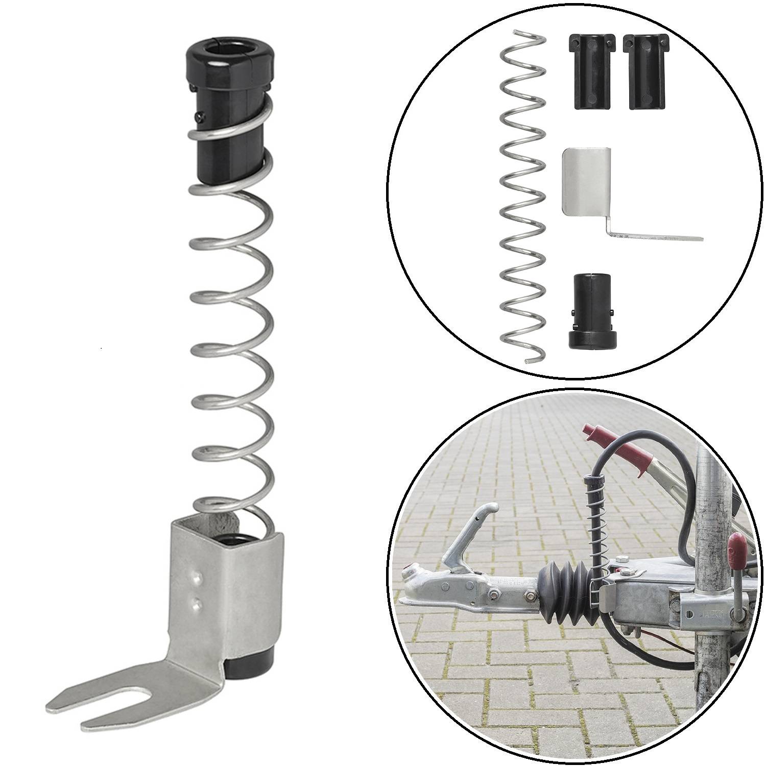 Sicherheitsfeder für Anhängerkupplung, dargestellt in Einzelteilen: Feder, Halterung und Verschluss. Montierte Abbildung zeigt Befestigung an der Anhängerkupplung.