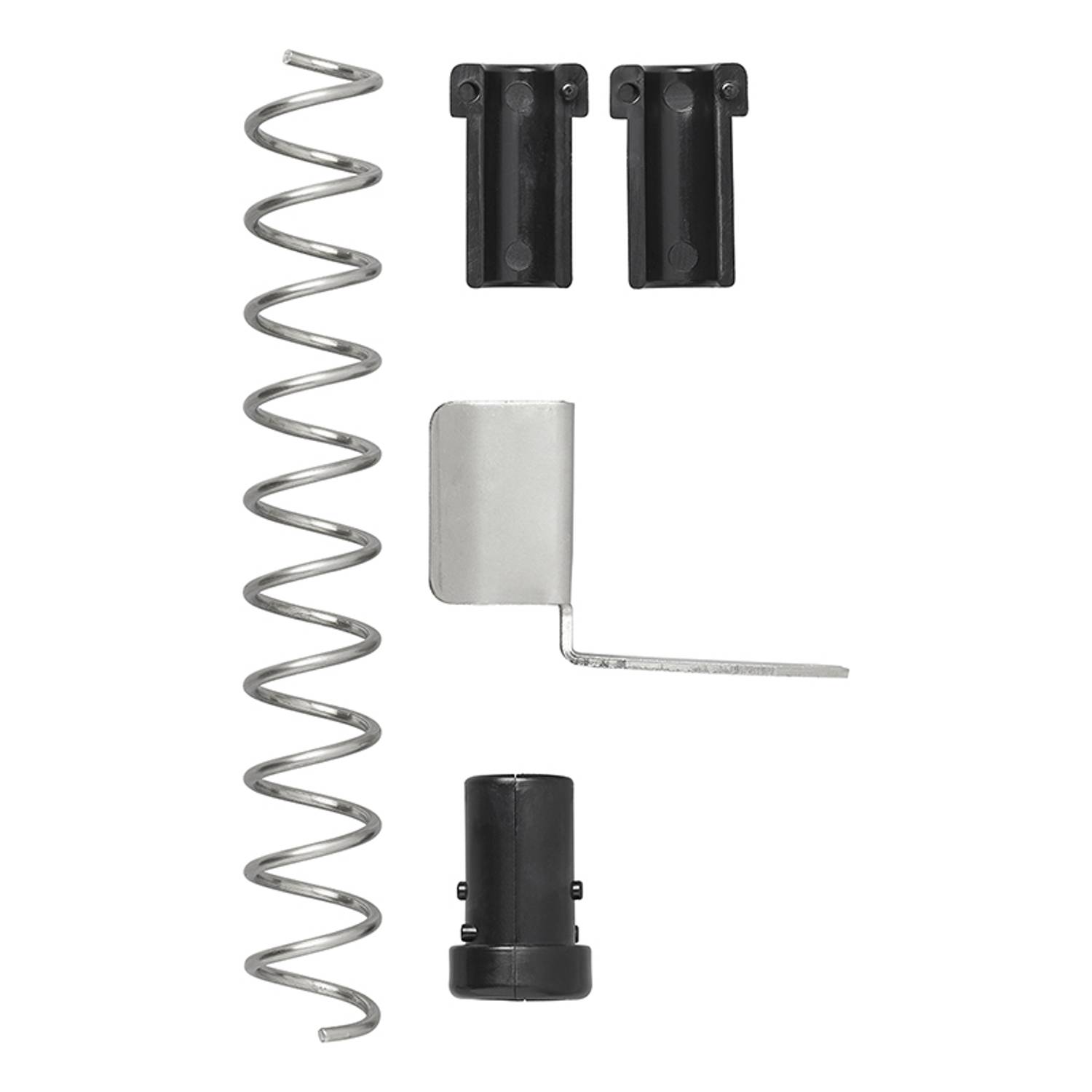 Komponenten eines Magazinladers, einschließlich einer Metallfeder und verschiedener schwarzer Kunststoffteile, auf weißem Hintergrund angeordnet.