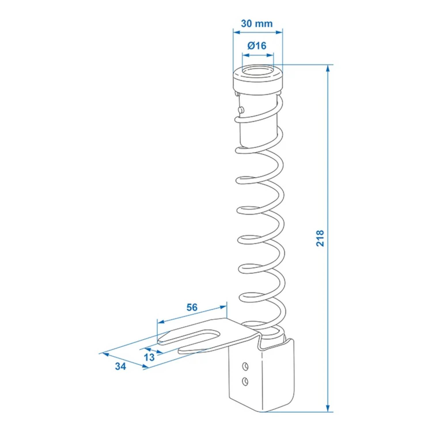 Technische Zeichnung eines Spiralmechanismus mit Abmessungen: 30 mm Durchmesser, 218 mm Höhe. Basisabmessungen: 56 mm Länge, 34 mm Basis, 13 mm Spalt.