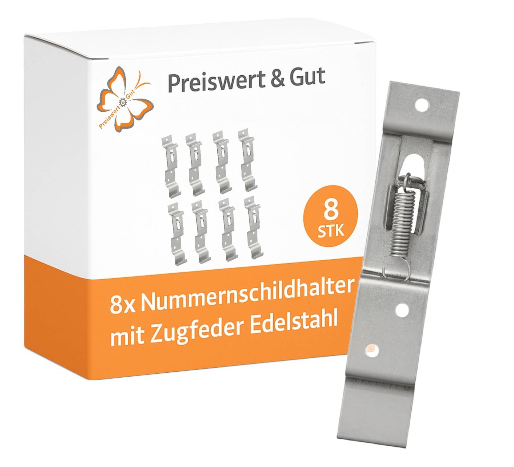 8x Nummernschildhalter mit Zugfeder Edelstahl – 124x24x17 mm Kennzeichen Halter zuverlässige Befestigung für Pkw und Kfz