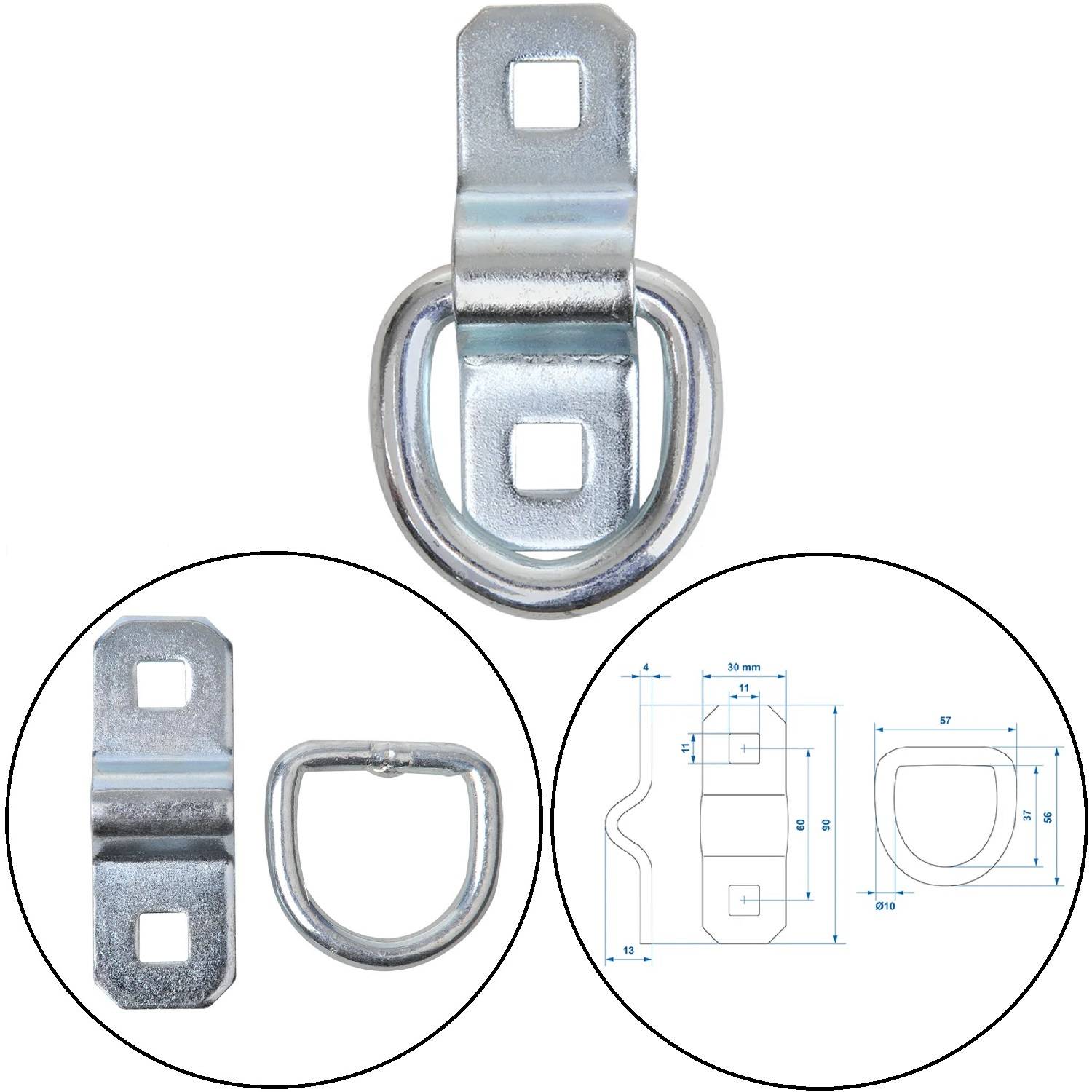Ein Metall-D-Ring-Halter mit Montagelöchern und in technischen Zeichnungen dargestellten Abmessungen. Verwendet zum Sichern von Lasten oder Befestigungen.