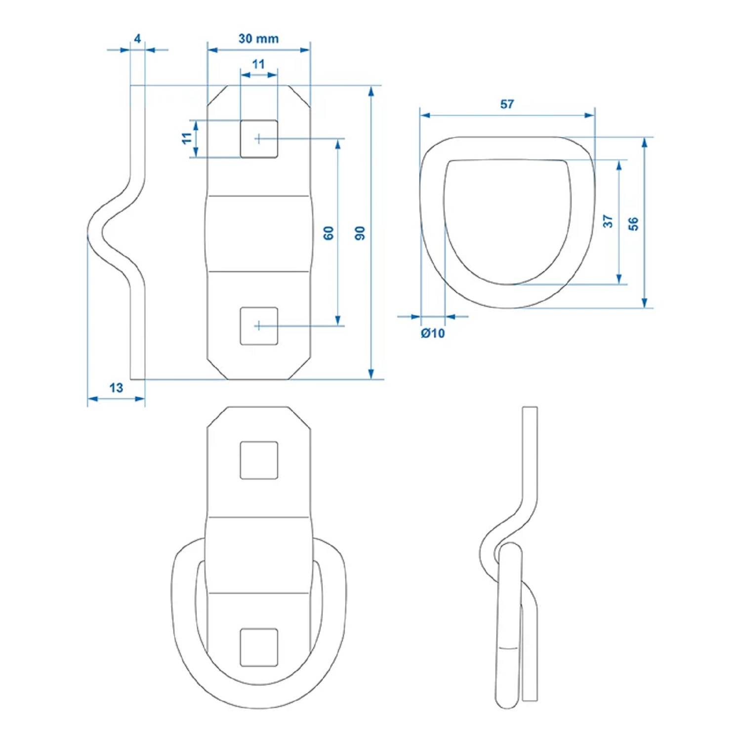 Technische Zeichnung eines Metallhakens mit Maßen: 30 mm Breite, 90 mm Länge und verschiedenen Seitenansichten. Zeigt Drauf-, Seiten- und Frontansicht.
