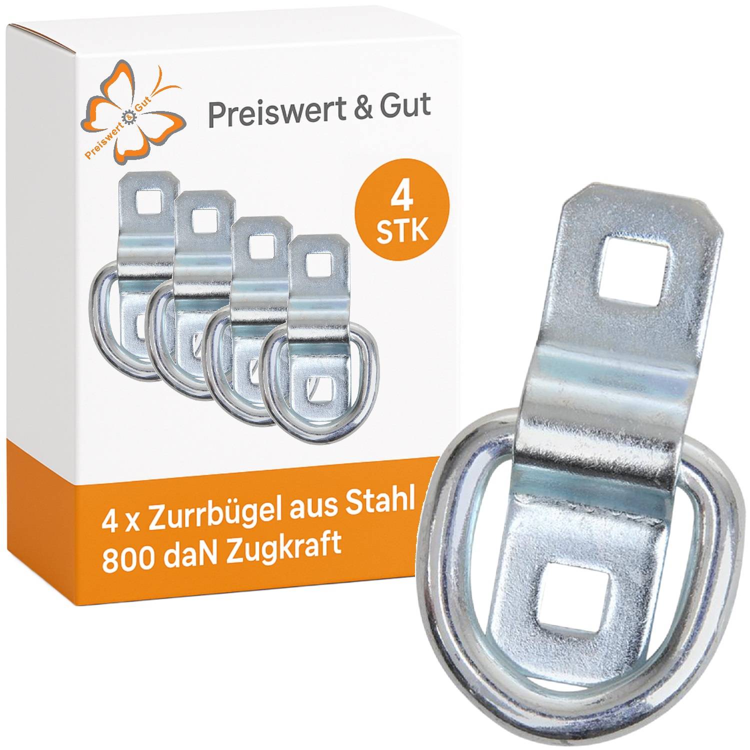 Karton mit vier Stahlspanngurten, 800 daN Tragfähigkeit, mit einem Ring prominent dargestellt. Markenlogo und Text ‚Preiswert & Gut' sichtbar.