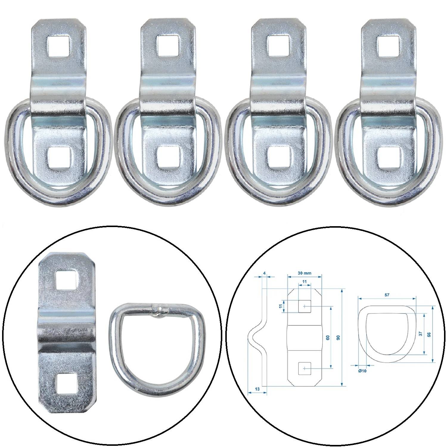 Metall-D-Ring-Ankerhalterungen, vier Stück. Enthält Frontansicht und technische Zeichnung mit Maßangaben zur Installationsreferenz.