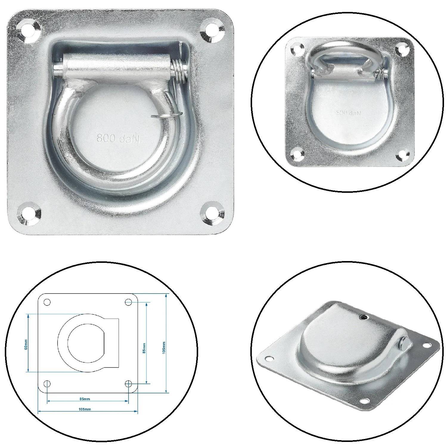 Vier Bilder, die einen metallischen, eingelassenen D-Ring-Befestigungsanker mit Abmessungen zeigen: 98 mm Länge, 105 mm Breite, 800 kg Tragfähigkeit.