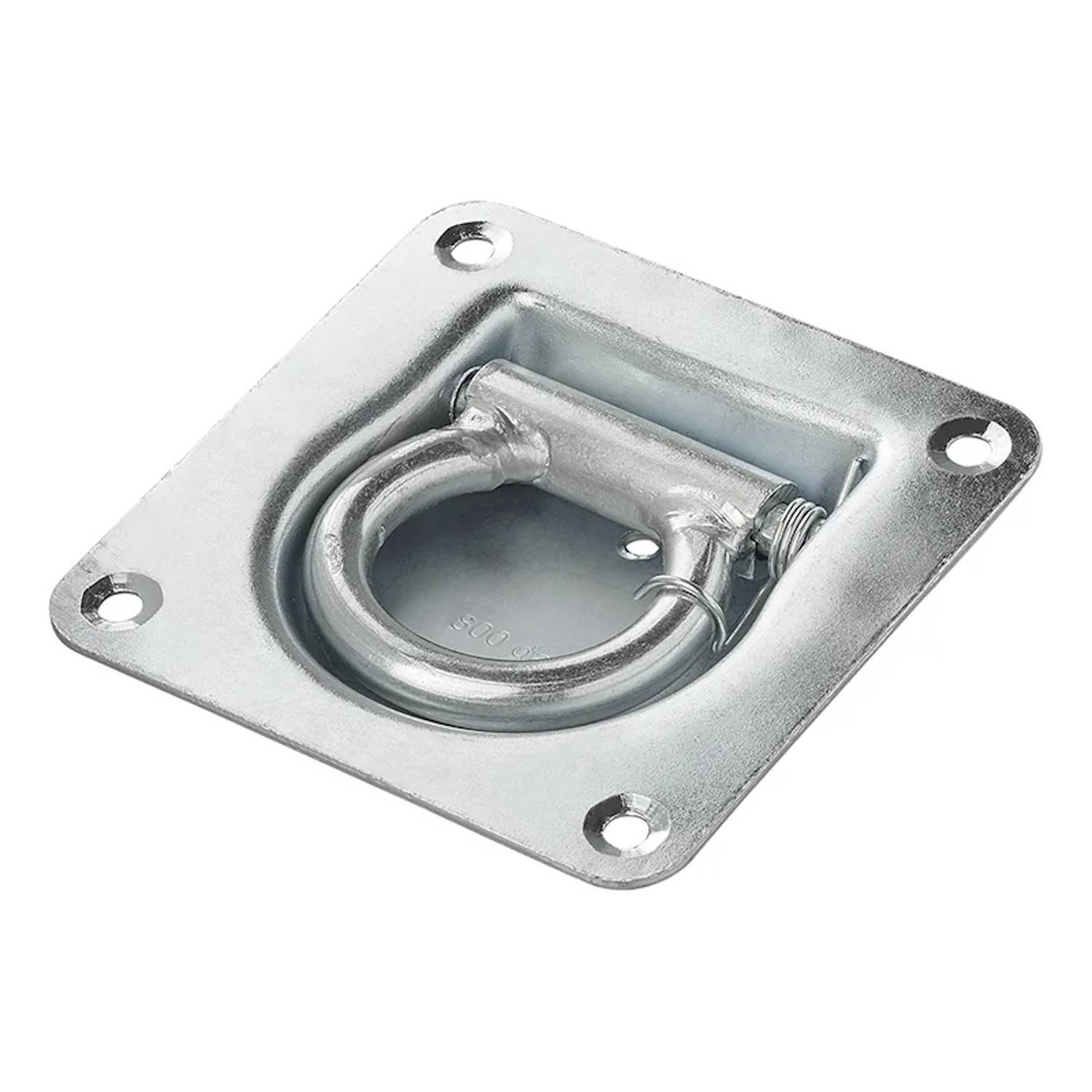 Ein metallischer, eingelassener Zurranker mit einem kreisförmigen Ring, montiert auf einer quadratischen Platte mit vier Schraubenlöchern, zur Ladungssicherung.
