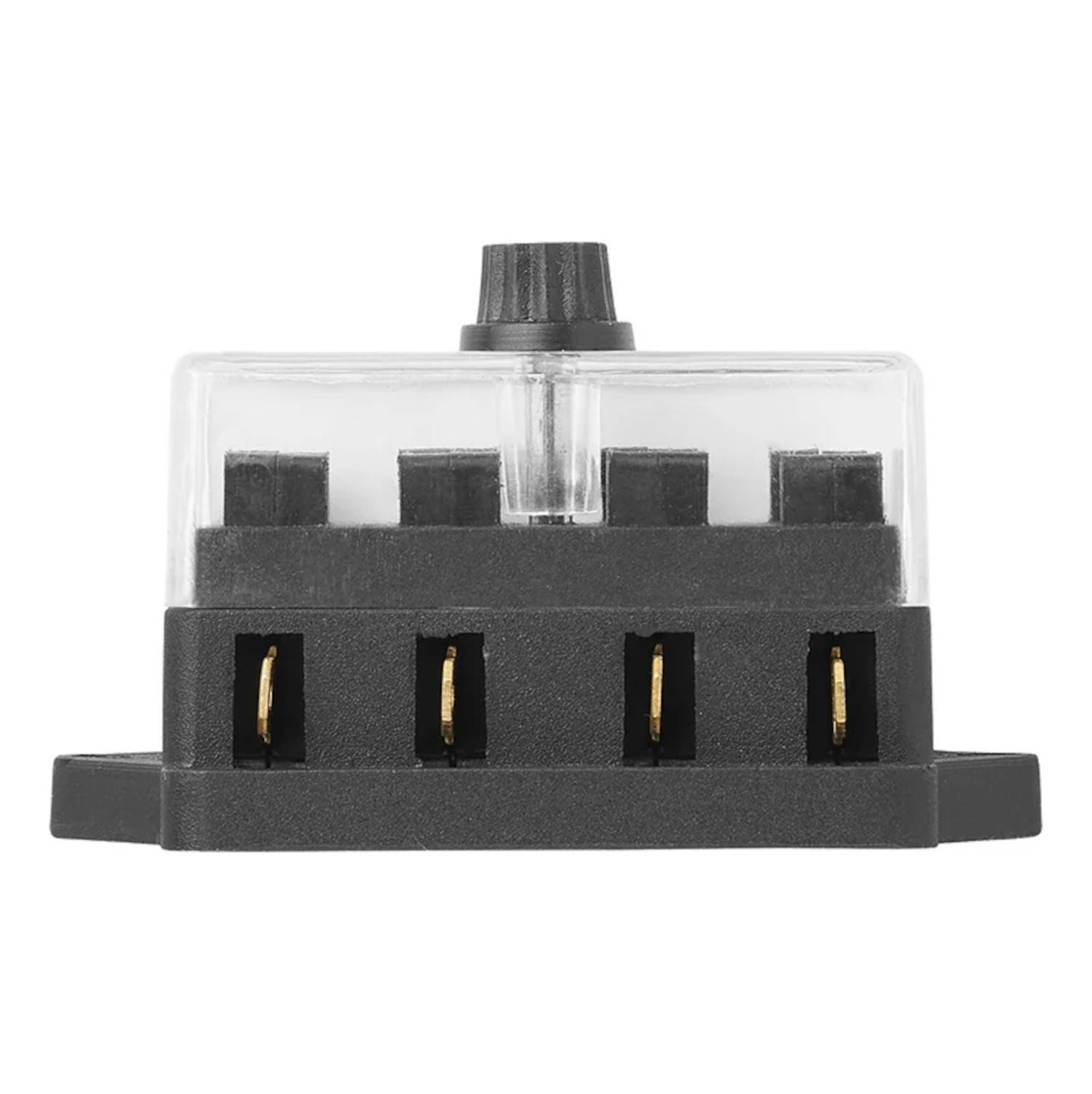 Ein schwarzer elektrischer Steckverbinder mit einem durchsichtigen Gehäusedeckel, der vier vertikale goldene Kontakte im Inneren erkennen lässt, auf einem weißen Hintergrund.