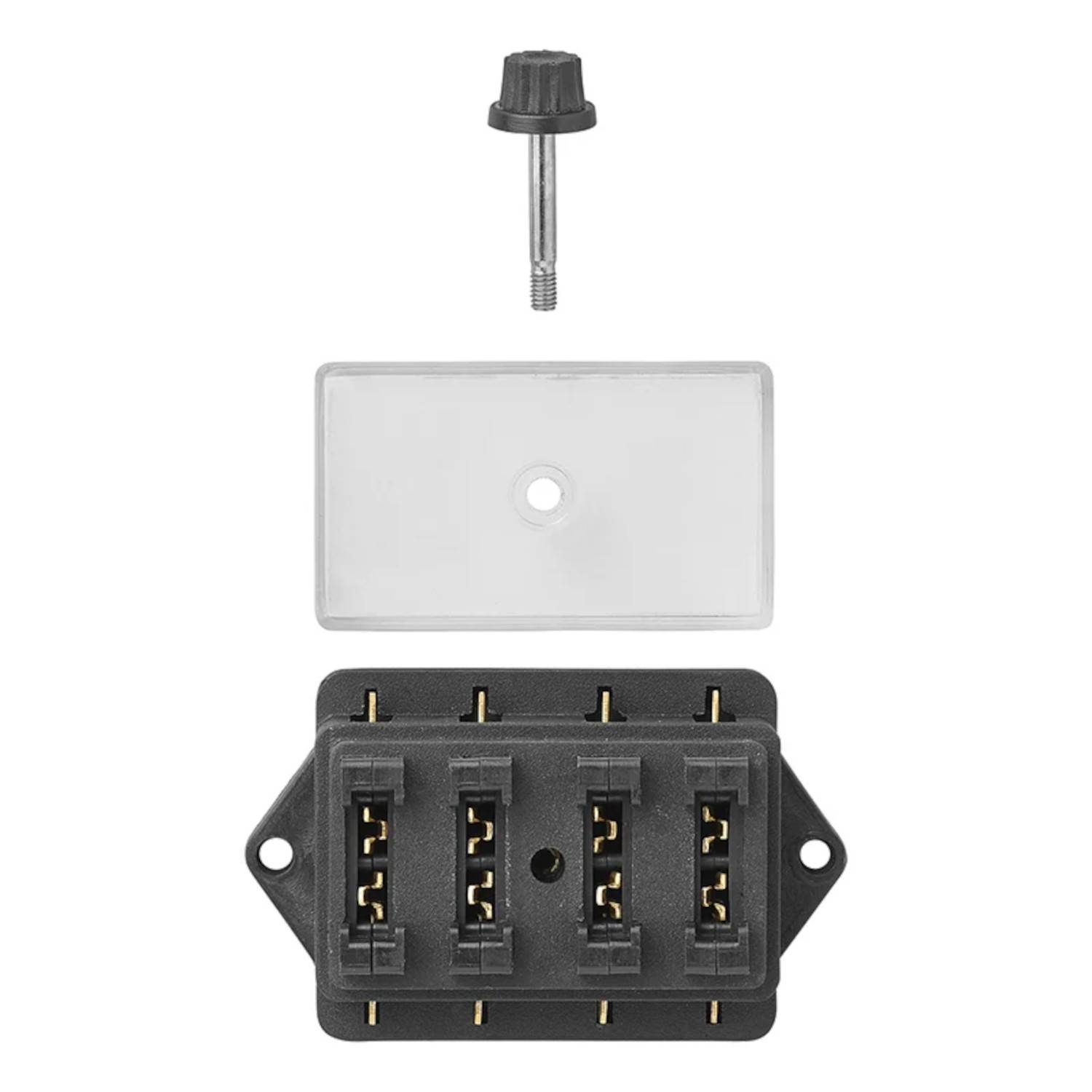 Eine Schalter-Steckdosen-Kombination mit einer Montageplatte, einer transparenten Abdeckung und einem Knopf. Die Teile sind getrennt und zur Montage in Ausrichtung gezeigt.