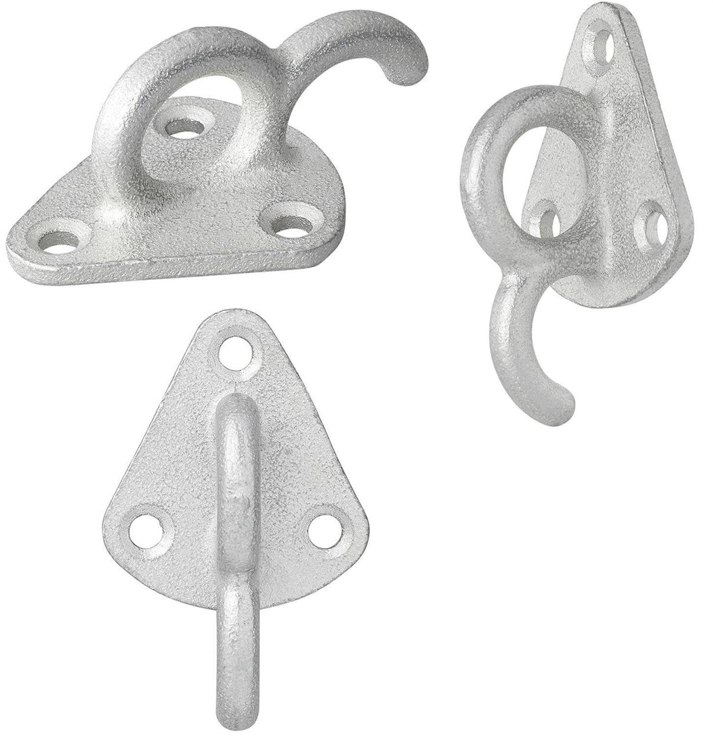 Ein Satz aus drei Metall-Wandhaken, die jeweils eine dreieckige Basis und einen U-förmigen Haken aufweisen und zum sicheren Aufhängen von Gegenständen entwickelt wurden.