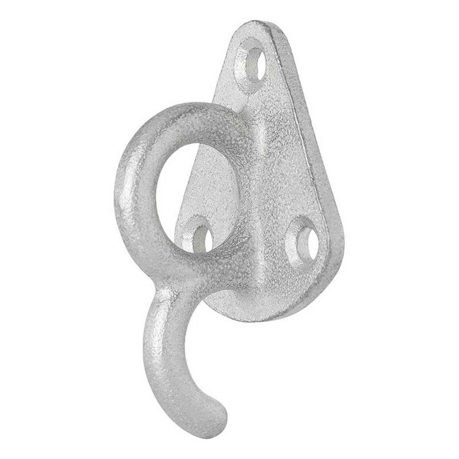 Ein metallischer Wandhaken mit einer dreieckigen Basis und drei Bohrlöchern, der zum sicheren Aufhängen von Gegenständen an einer Wand konzipiert ist.