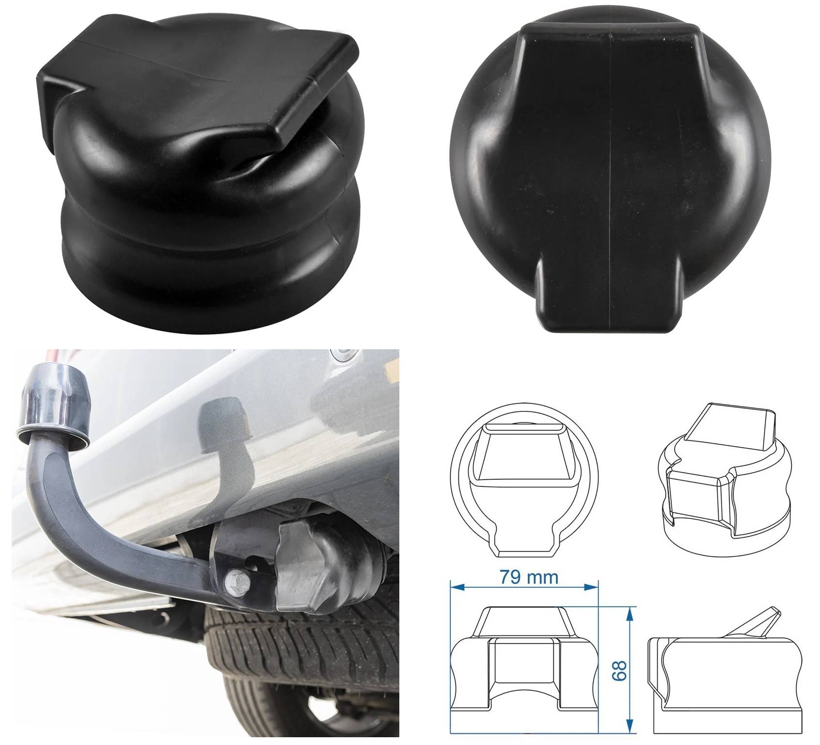 Auspuff-Wagenheber-Adapter.' Ansichten von oben und von der Seite des schwarzen Adapters, seine Platzierung am Auspuffrohr eines Fahrzeugs und detaillierte Maßangaben.