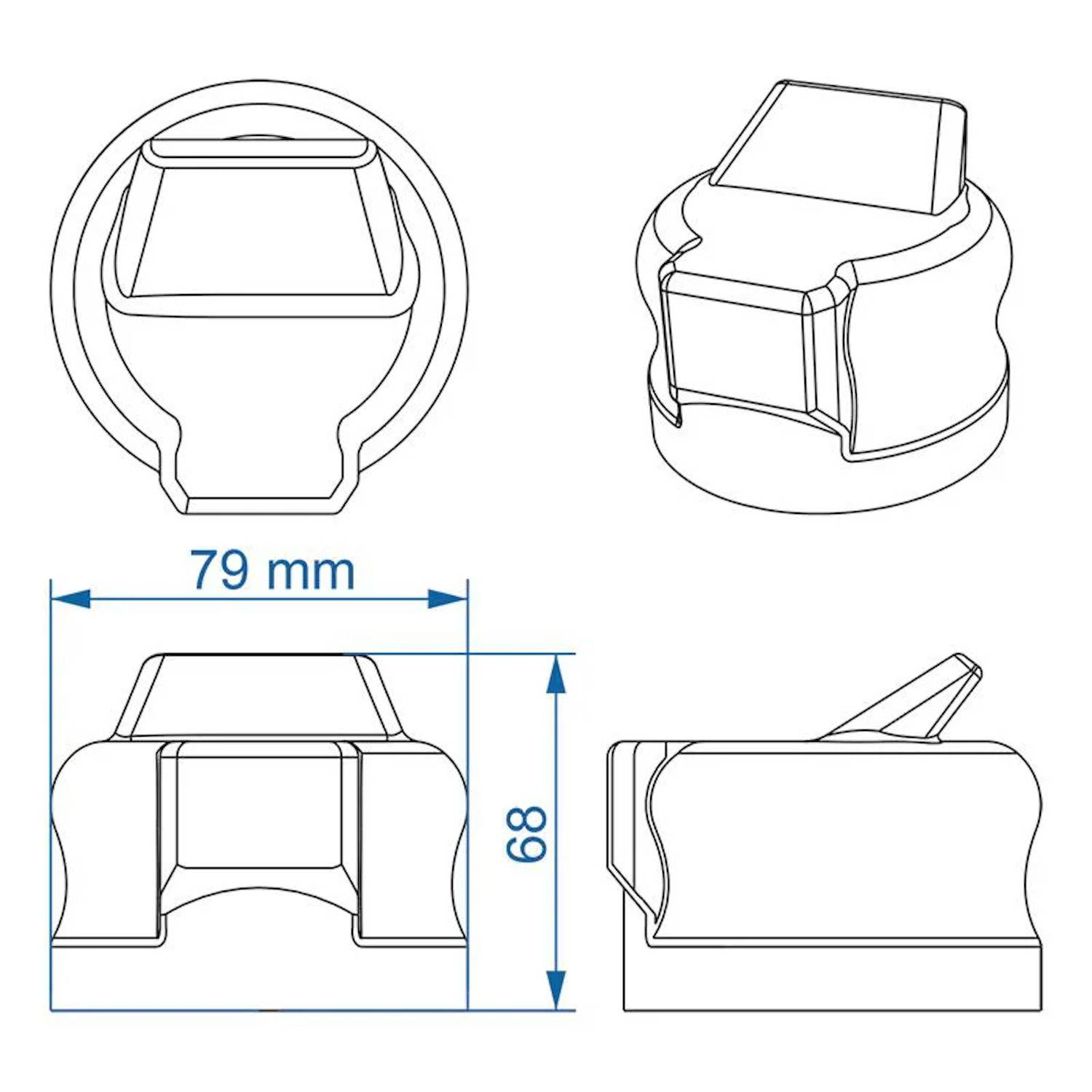 Technische Zeichnung einer zylindrischen Komponente mit vorstehendem dreieckigen Abschnitt; Draufsichten und seitliche Abmessungen zeigen eine Breite von 79 mm und eine Höhe von 68 mm.
