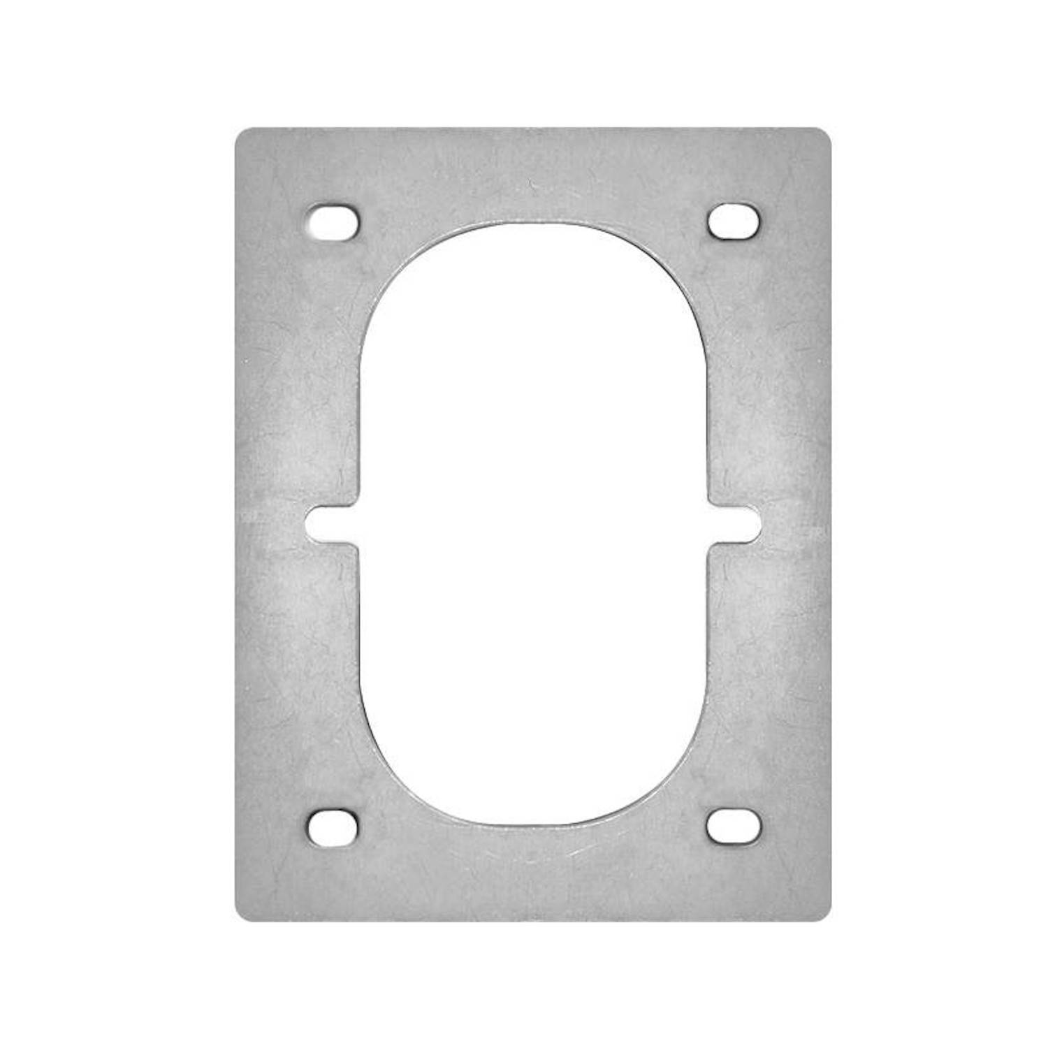 Ein einzelner rechteckiger Metall-Steckdosendeckel mit zwei Öffnungen und vier Befestigungslöchern an den Ecken.