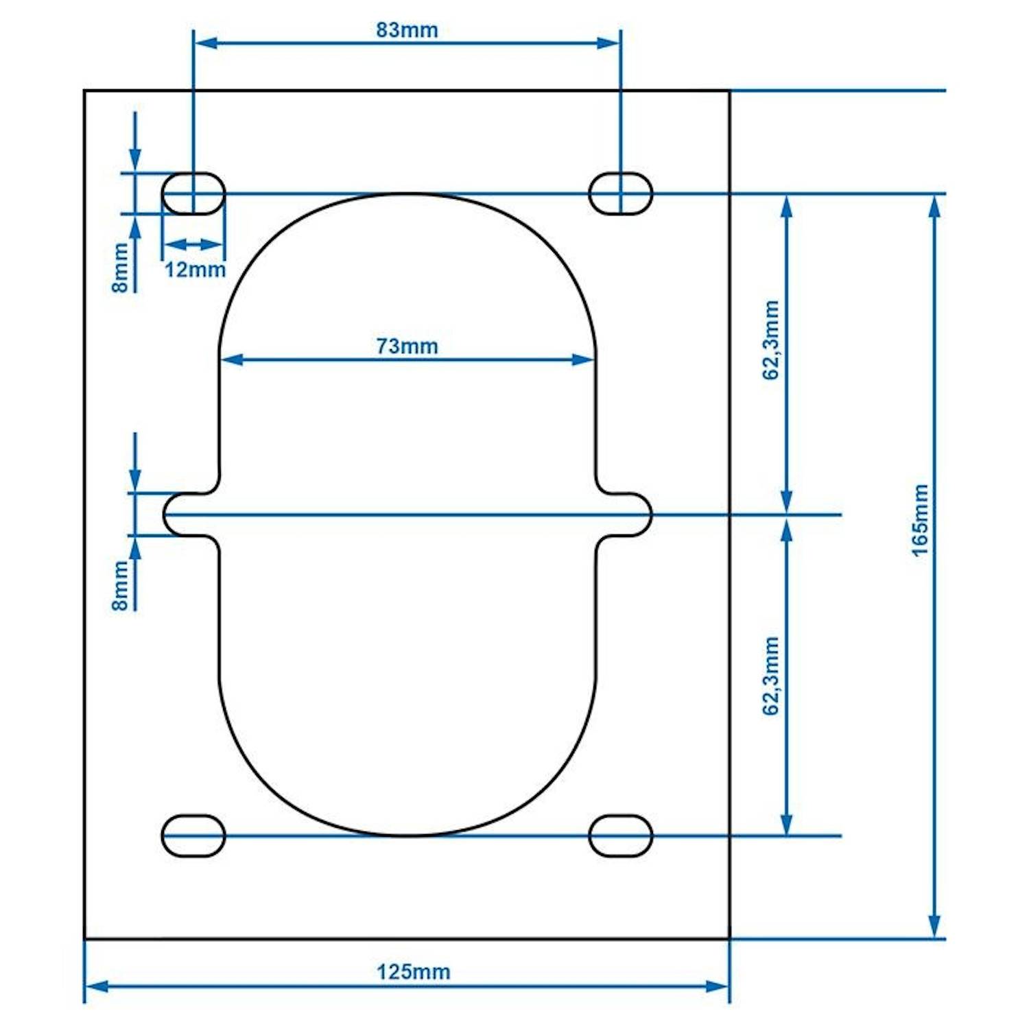 Eine technische Zeichnung zeigt Abmessungen für ein geformtes Objekt, mit Messungen einschließlich 165 mm und 125 mm Gesamtlänge sowie verschiedenen spezifischen Abständen.