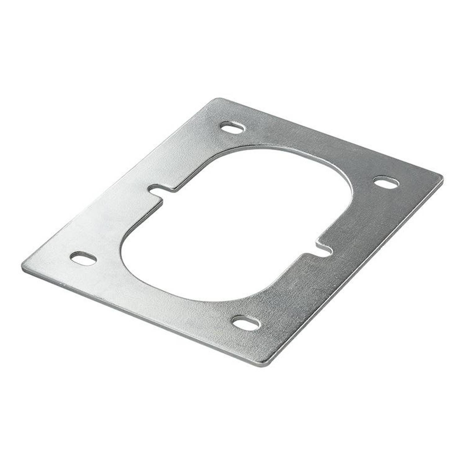 Eine metallische Befestigungshalterung mit vier Ecklöchern und einem ovalen zentralen Ausschnitt, die zur Befestigung von Ausrüstung an einer Oberfläche verwendet wird.