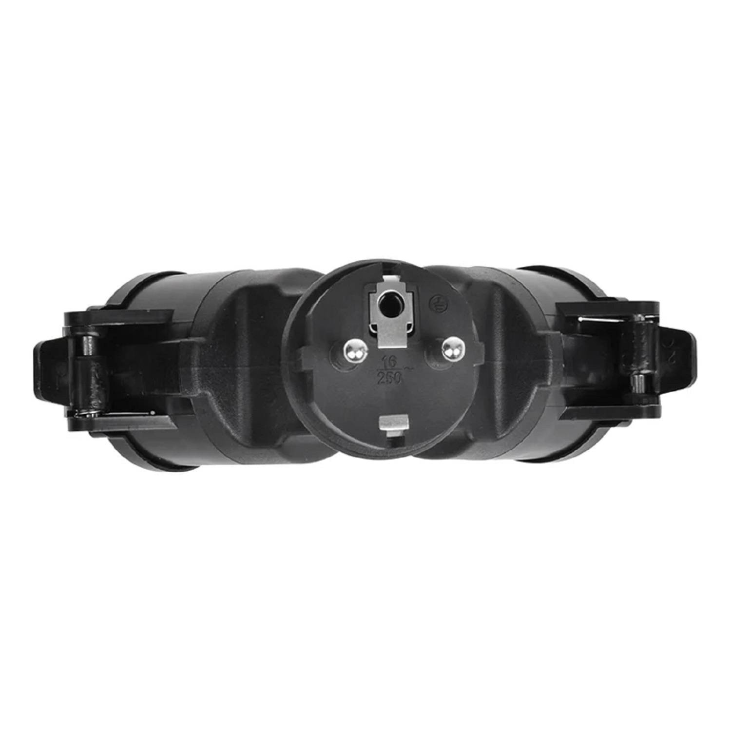 Ein schwarzes zylindrisches elektrisches Gerät, möglicherweise ein Stecker oder Anschluss, von einem Ende aus betrachtet, mit sichtbaren Stiften und einer strukturierten Oberfläche.