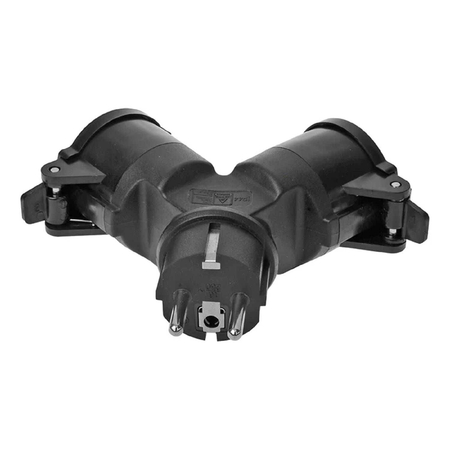 Ein schwarzer Y-förmiger Elektro-Steckeradapter mit drei Stiften ist nach vorne gerichtet und darauf ausgelegt, eine Steckdose in zwei Anschlüsse zu teilen.