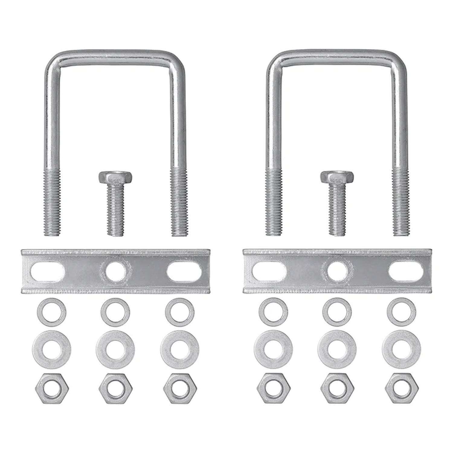 U-Bolzen, Mutter und Scheiben-Set mit zwei U-Bolzen, vier Muttern, vier Scheiben und zwei Metallplatten, symmetrisch angeordnet.