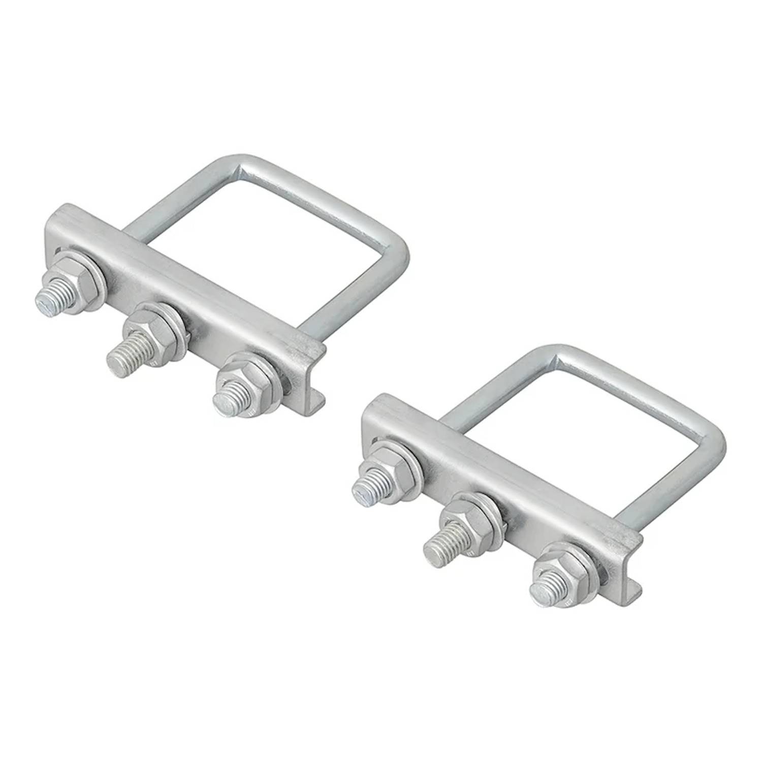 U-Bolzen mit Metallplatten und Muttern, verwendet zum Befestigen von Rohren oder anderen zylindrischen Gegenständen. Aus Edelstahl für Langlebigkeit hergestellt.
