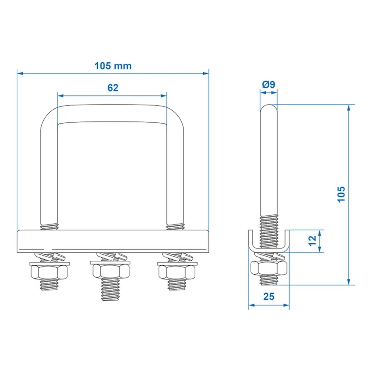 Technische Zeichnung eines U-Bolzens. Länge: 105mm, Innenbreite: 62mm, Durchmesser: 9mm. Inklusive Muttern und Basisplatte, Höhe: 12mm, Breite: 25mm.