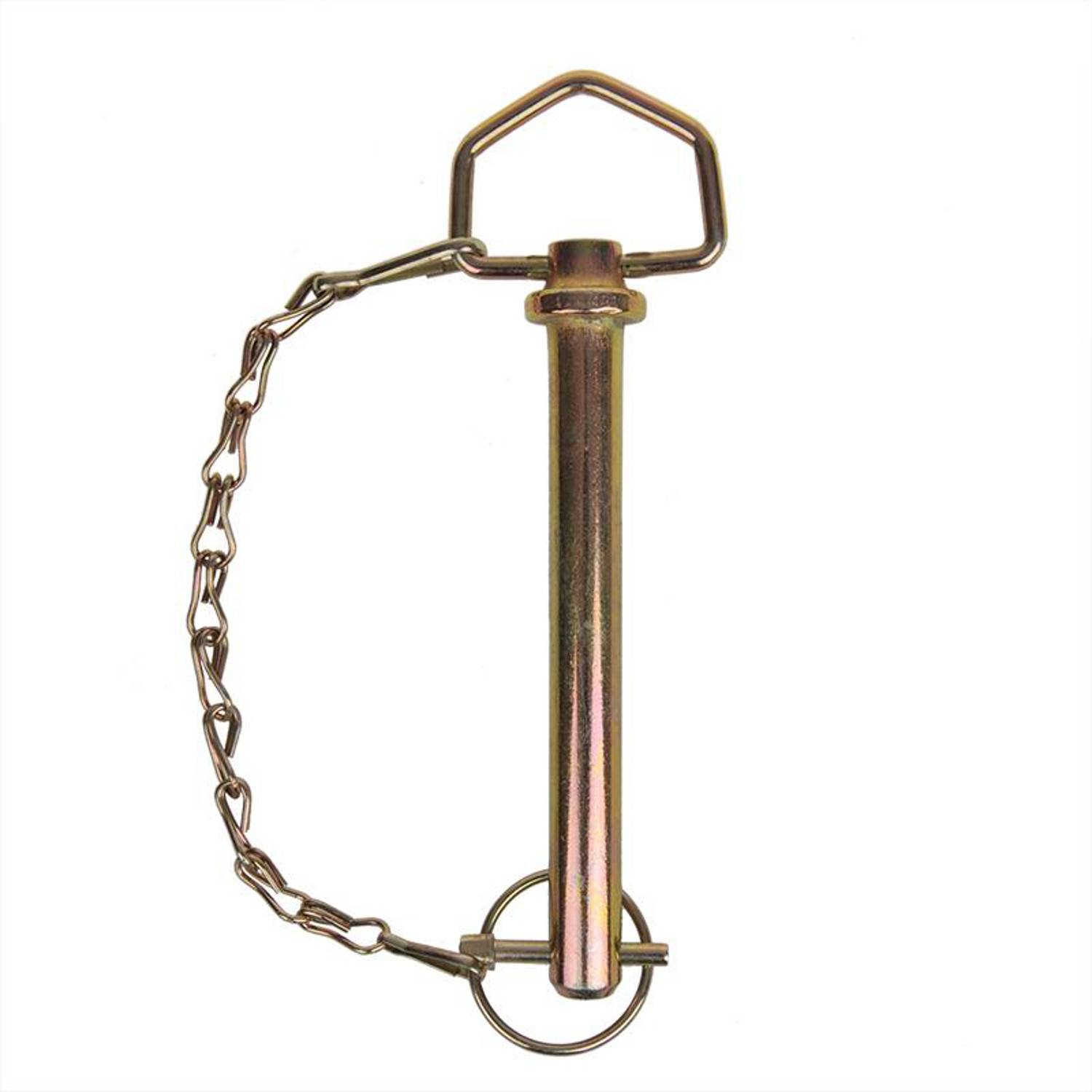 Ein metallischer Splint mit einer angehängten Kette, der zur Sicherung von Maschinenkomponenten verwendet wird, auf einem einfarbig weißen Hintergrund.