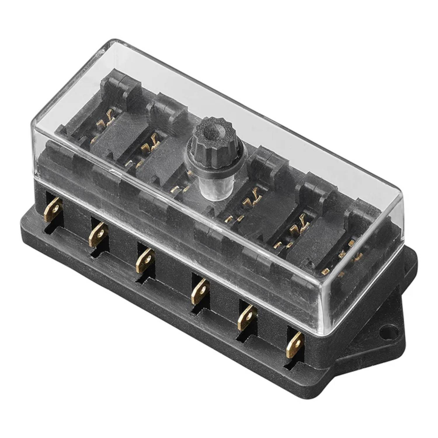 Eine rechteckige schwarze Sicherungsbox mit transparenter Kunststoffabdeckung und mehreren Anschlüssen an einer Seite; verwendet zur Unterbringung von elektrischen Sicherungen.